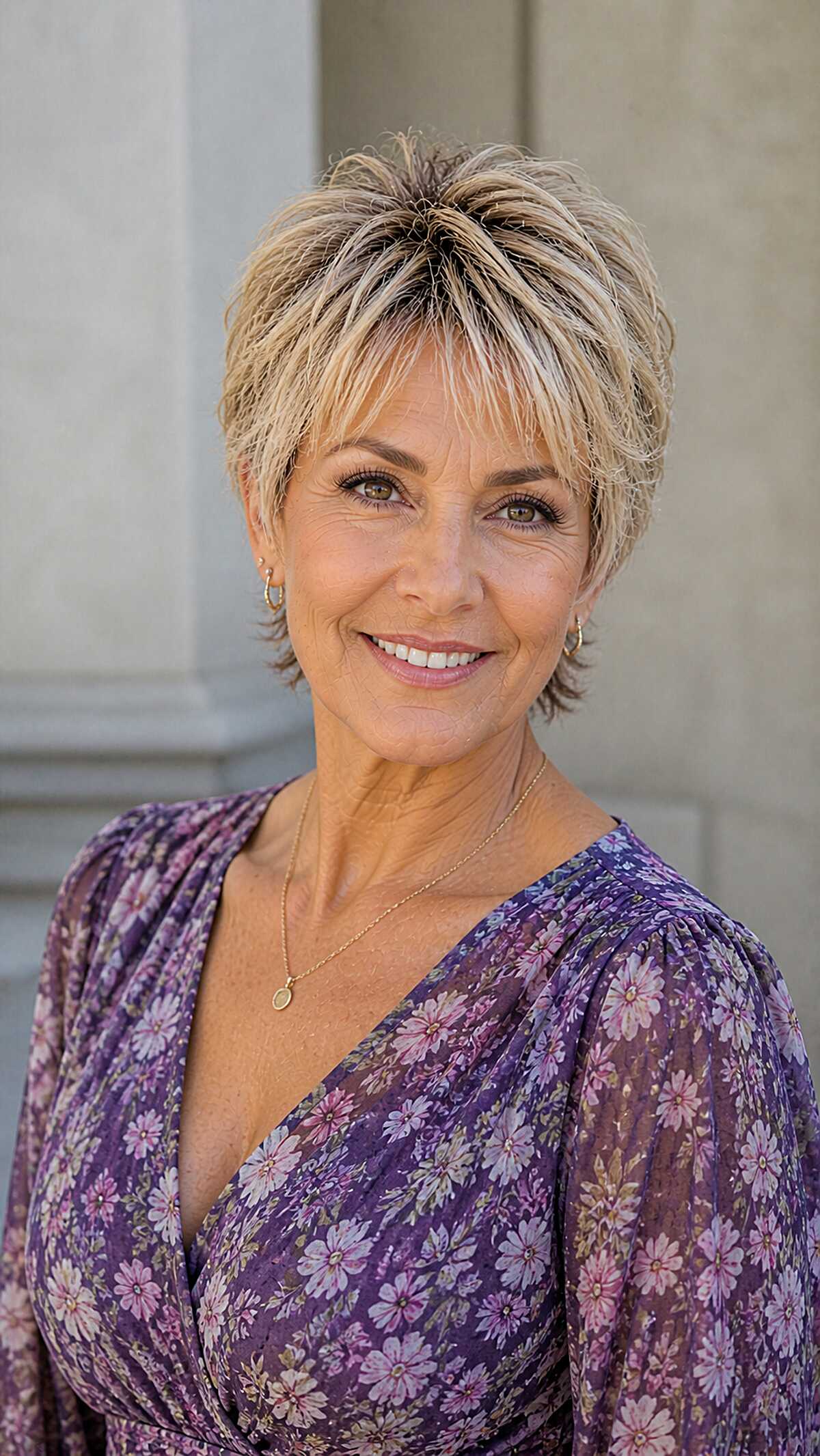 Sun-kissed blonde tapered pixie shag on mature woman