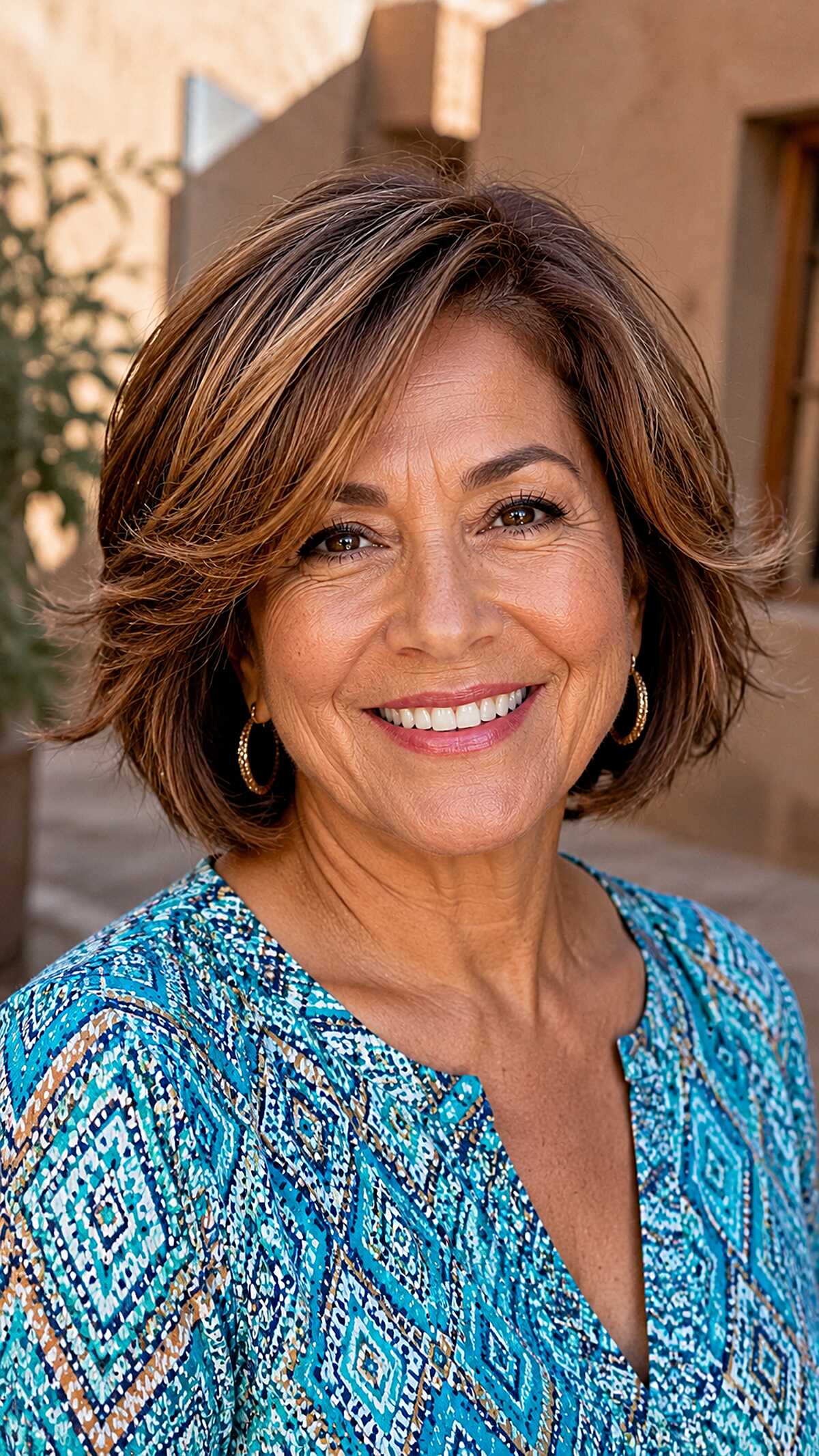 Sun-Kissed Brunette Layered Bob with Caramel Highlights