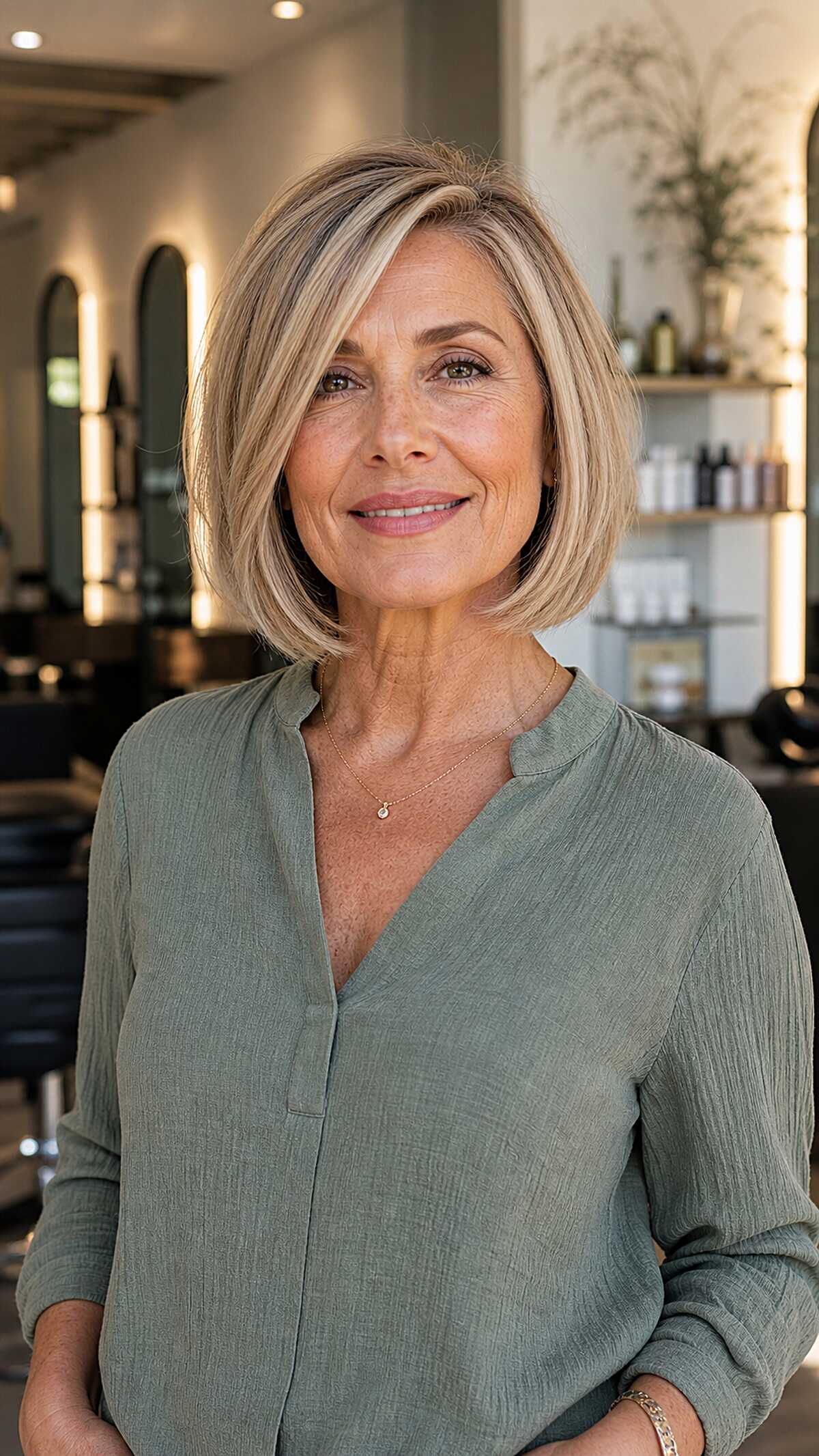 Sunkissed blonde chin-length bob with soft layers