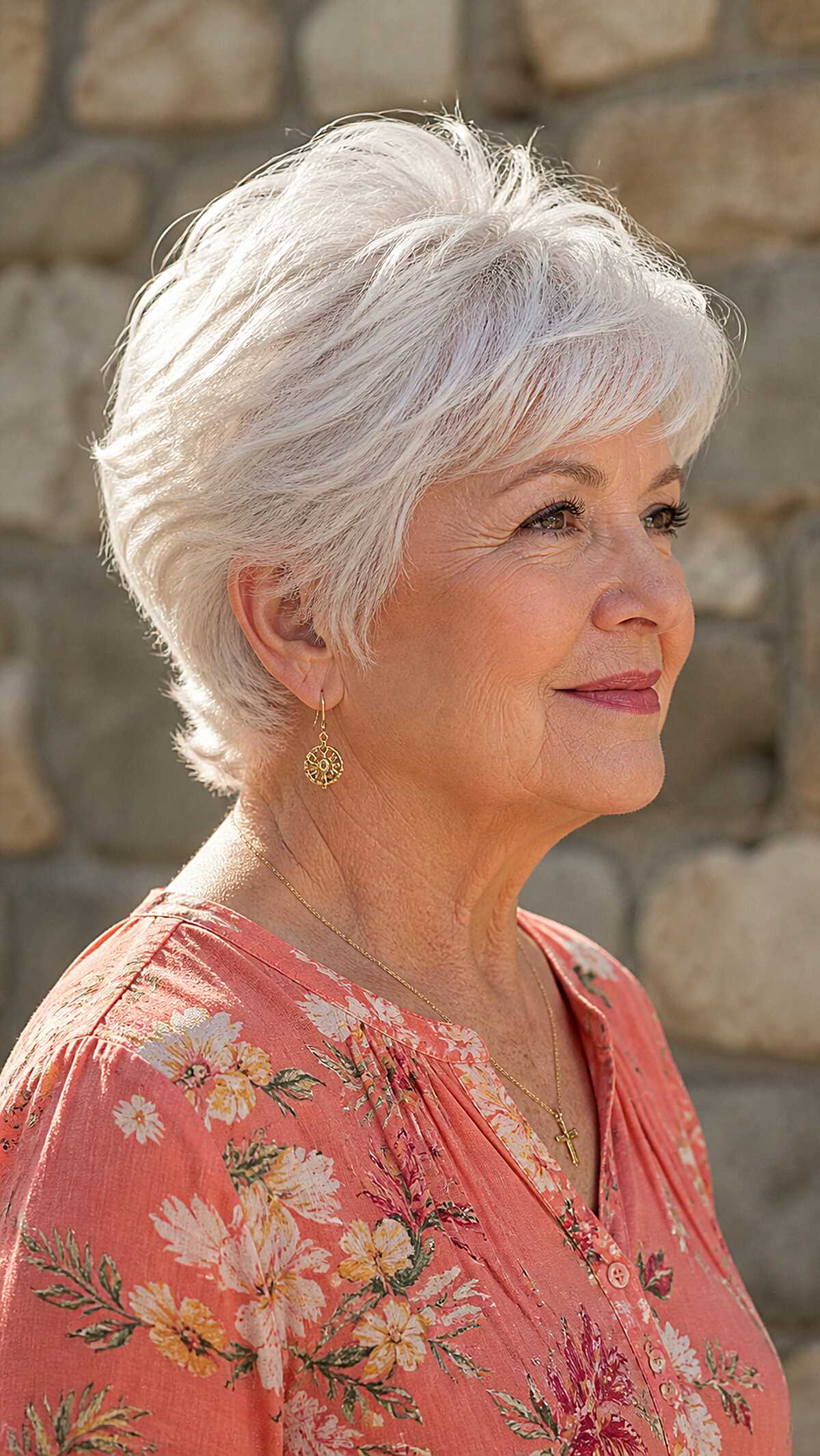 White pixie swept back with volume at crown