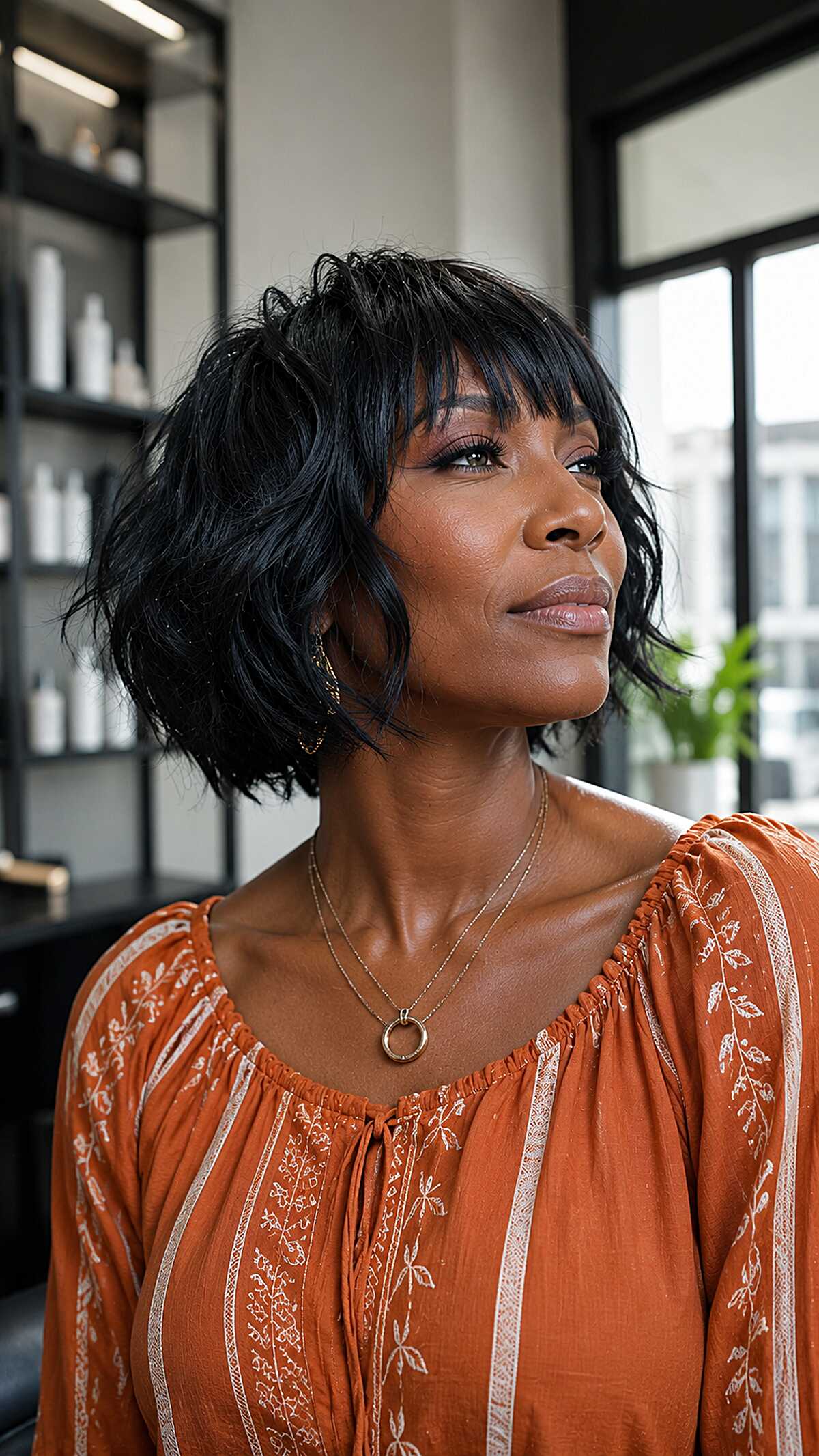 Textured Black Bob with Choppy Bangs and Waves