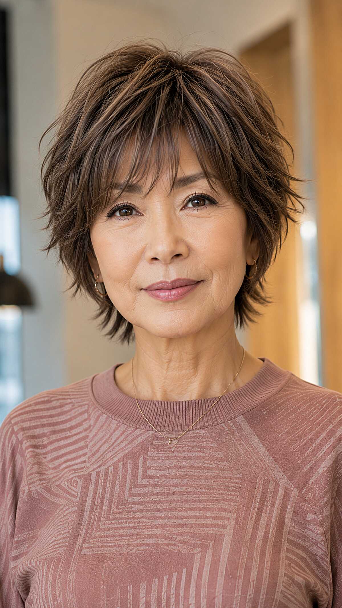 Textured brunette pixie shag with choppy bangs over 60