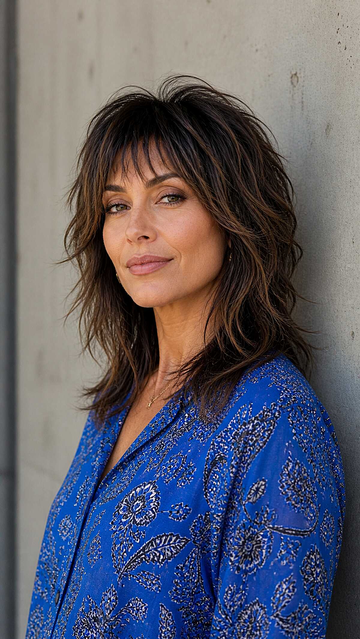 Textured brunette wolfcut with piecey bangs and layers