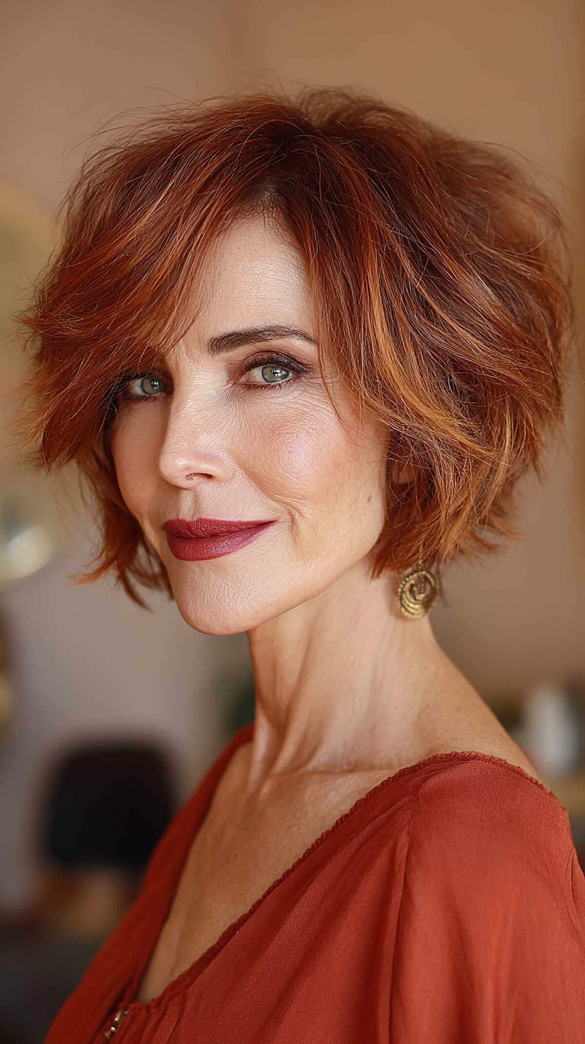 Textured copper red short shag with piecey layers