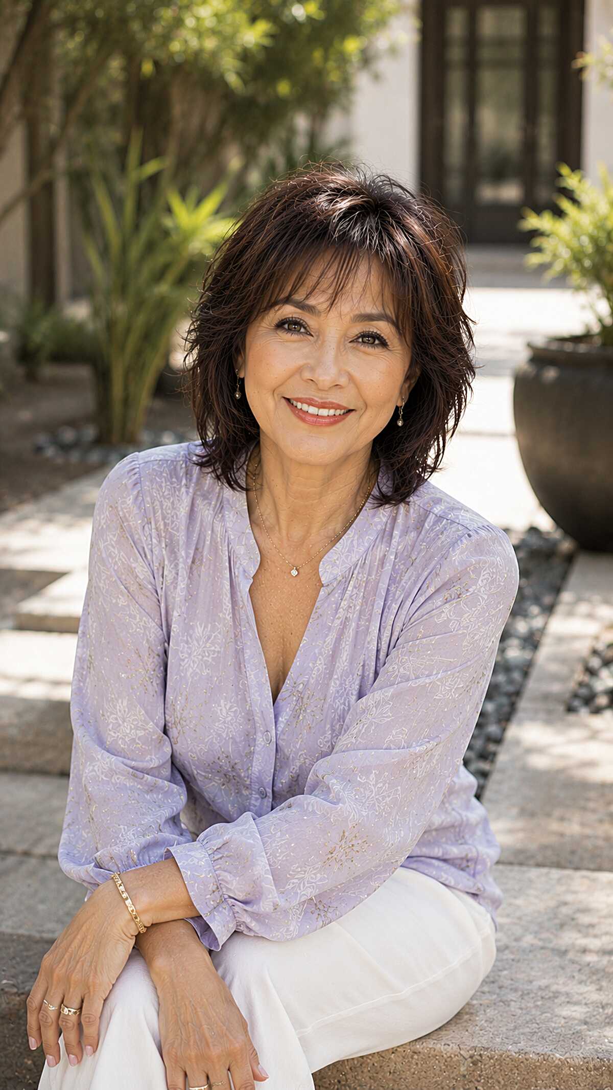 Textured dark brunette shag with short bangs over 60
