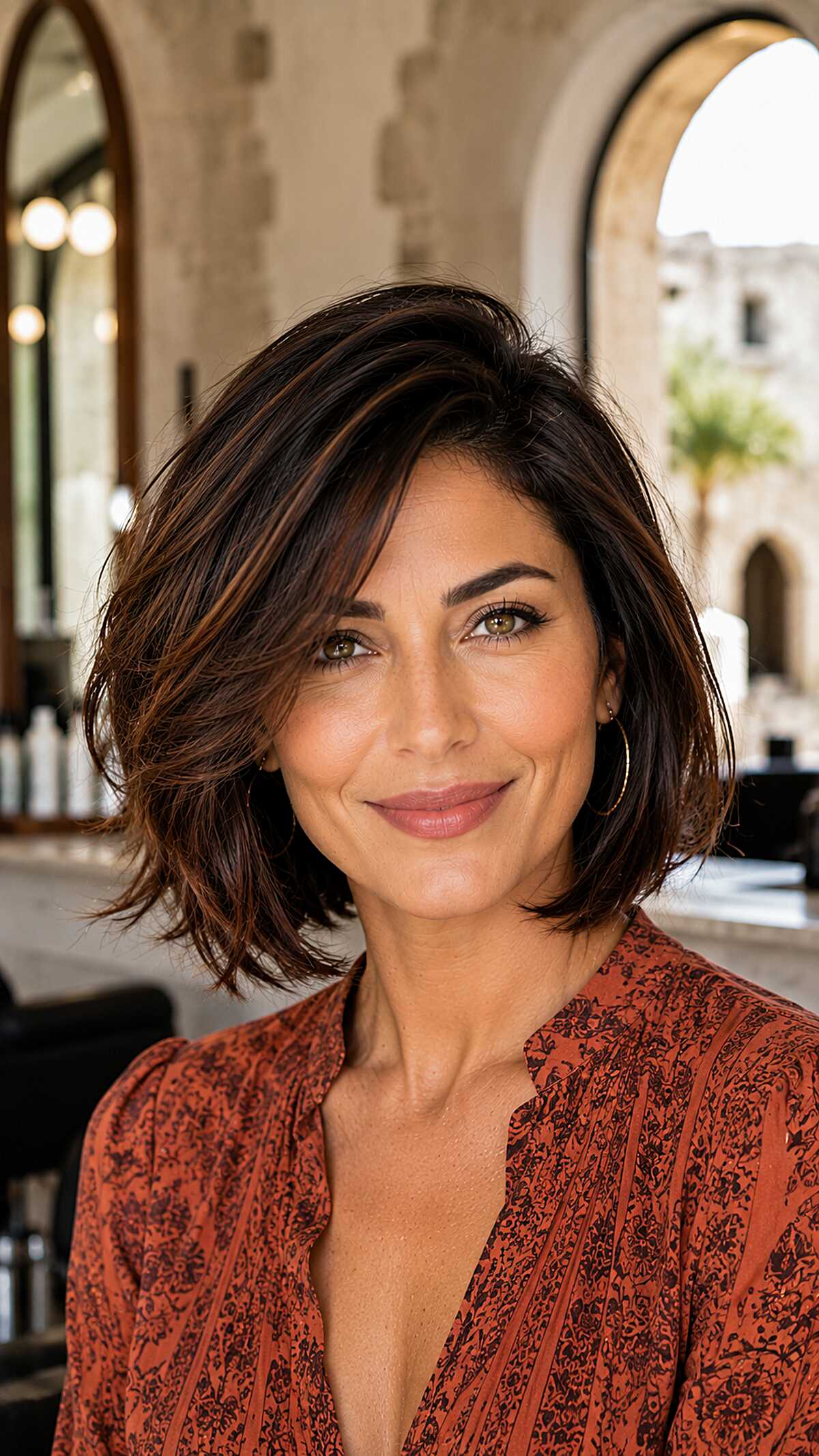 Textured Dark Layered Bob with Copper Highlights