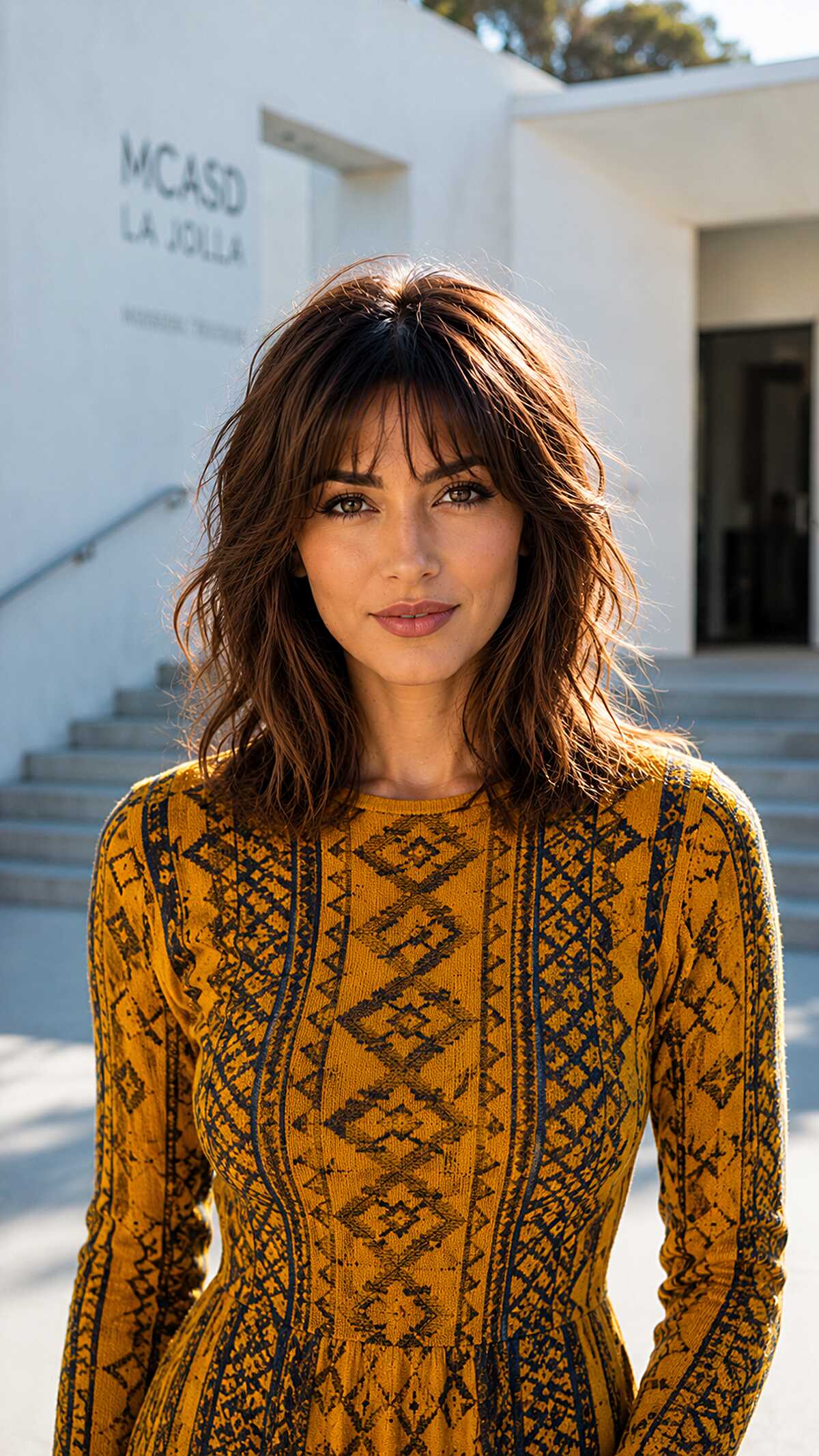Textured brunette shag with heavy wispy bangs outdoors