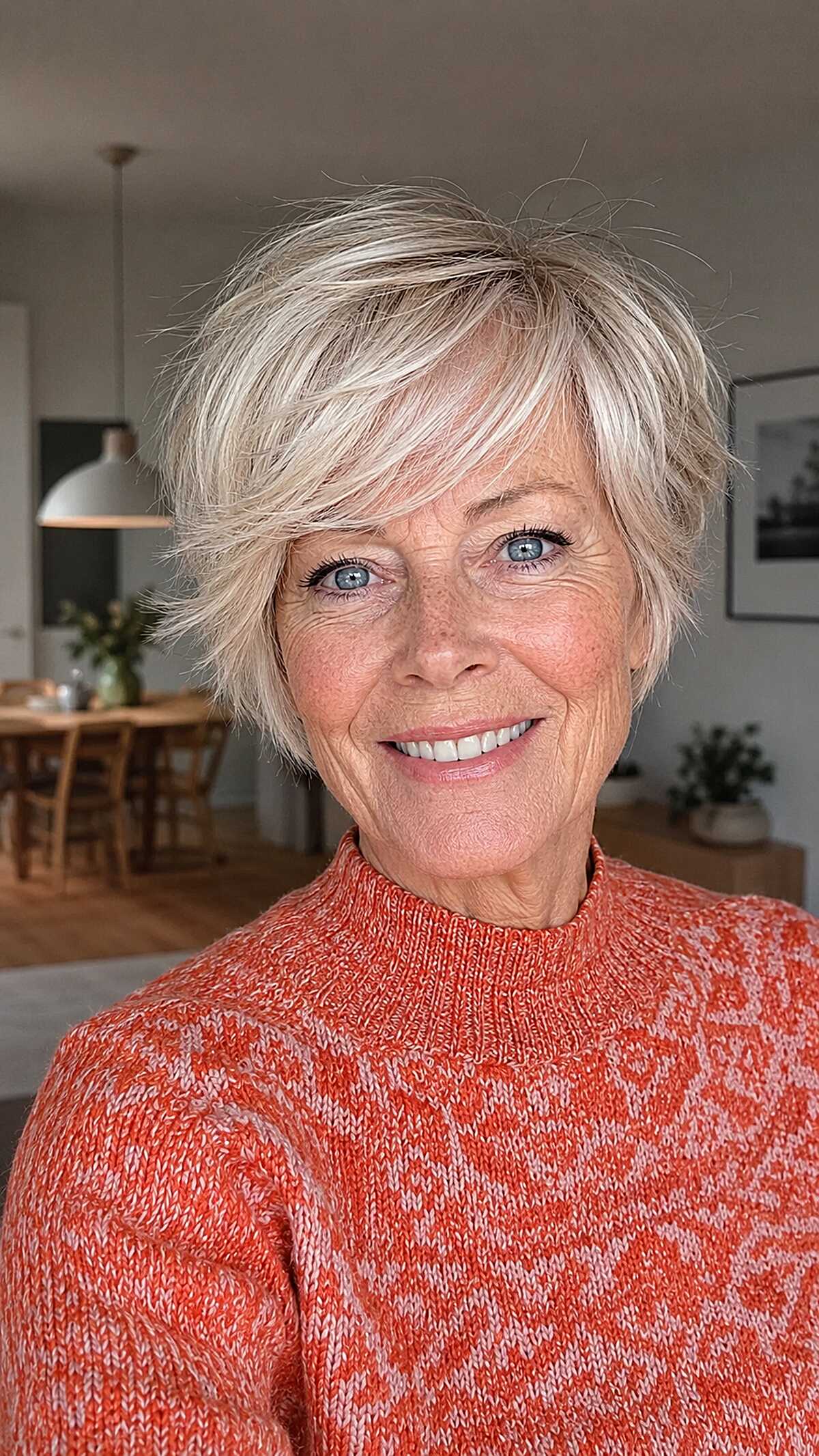 Textured Silver Blonde Pixie Crop with Feathered Layers
