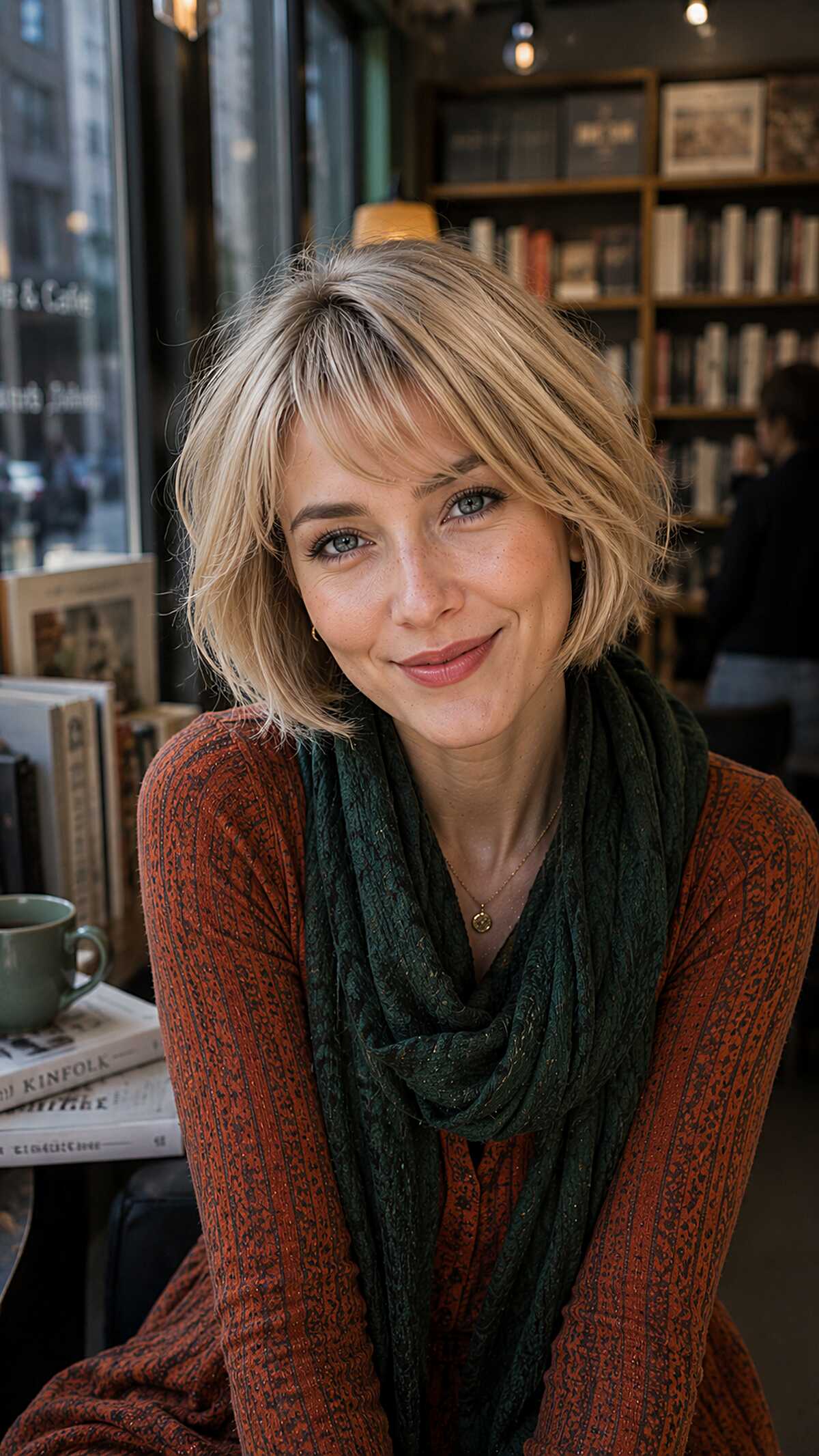 Short tousled blonde bob with piecey wispy fringe