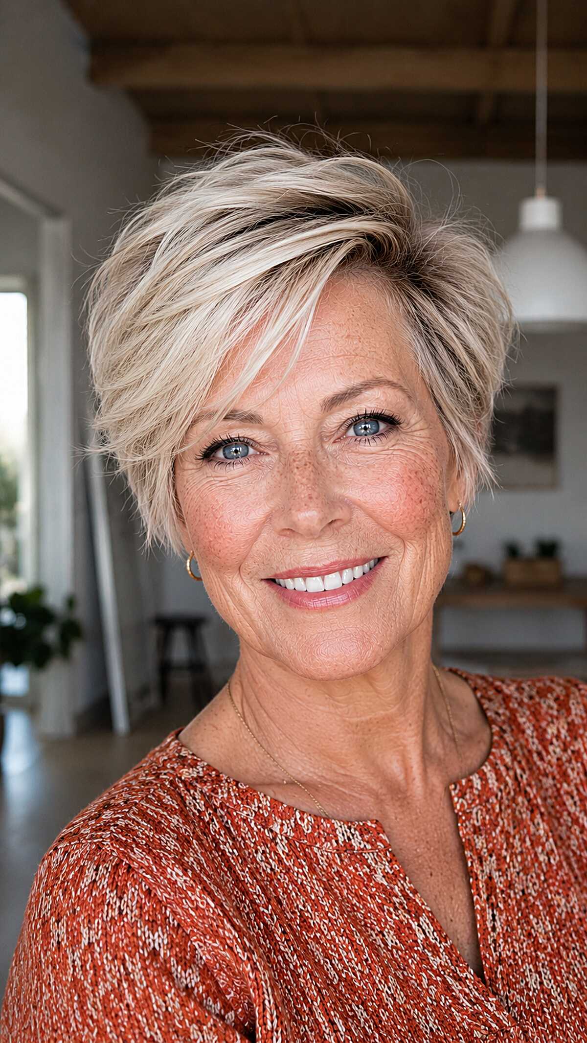 Tousled Ash Blonde Pixie with Swept Side Layers