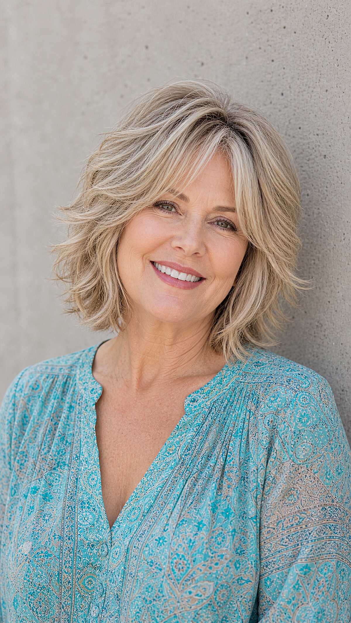 Tousled chin-length blonde shag with beachy texture