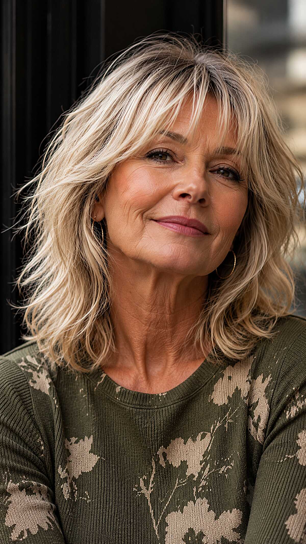 Tousled blonde shag with wispy bangs for women over 60