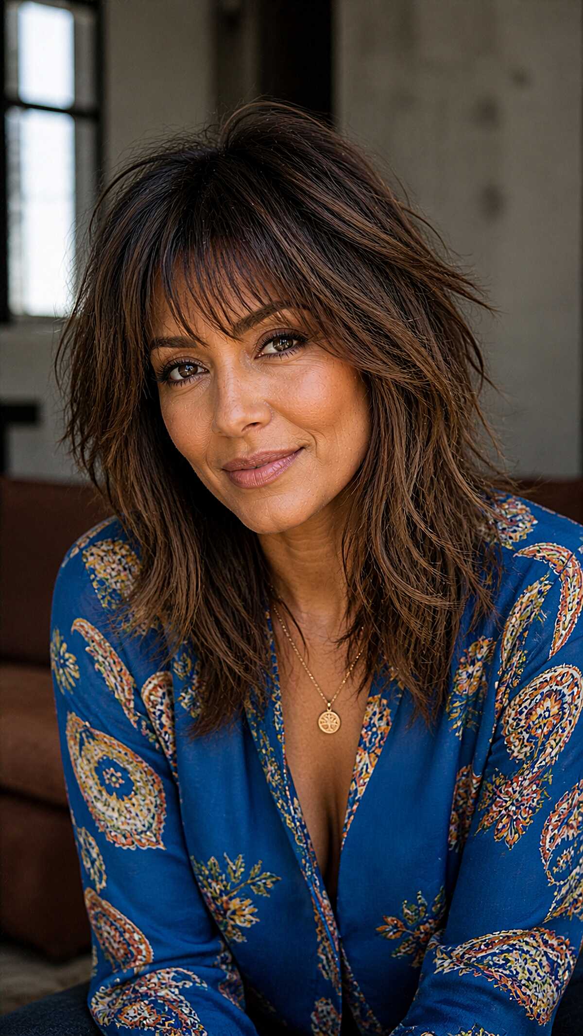 Tousled brunette wolfcut with warm highlights and waves