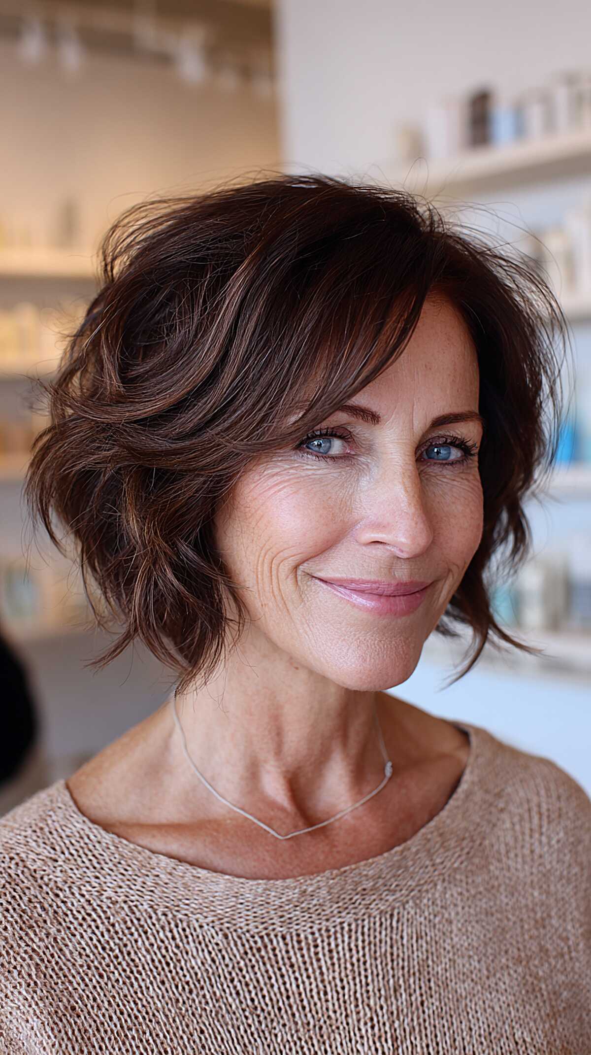 Tousled chocolate brown bob with feathered layers