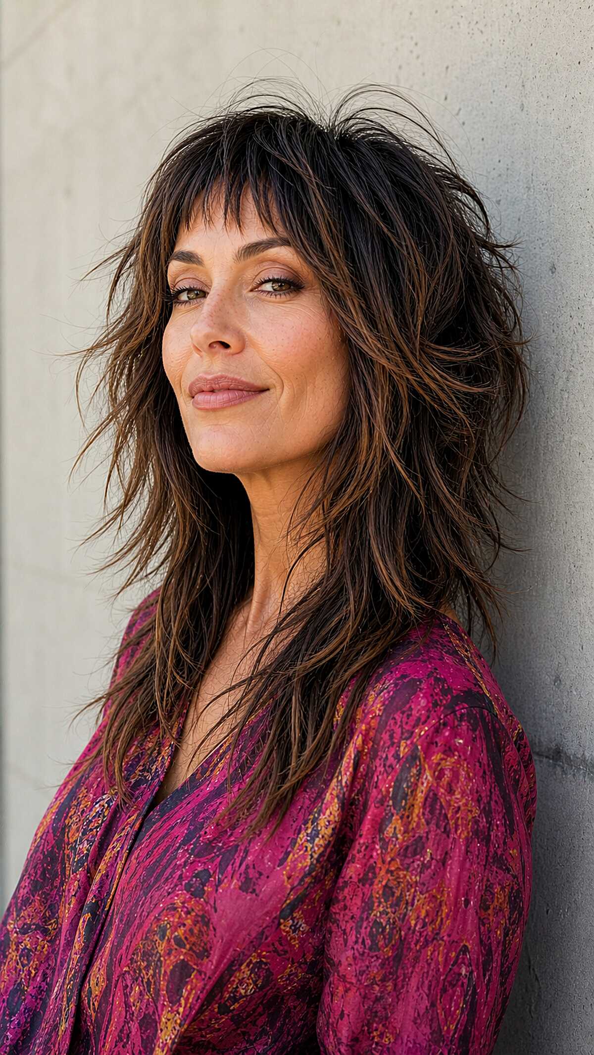 Tousled dark brunette shag wolfcut with caramel streaks