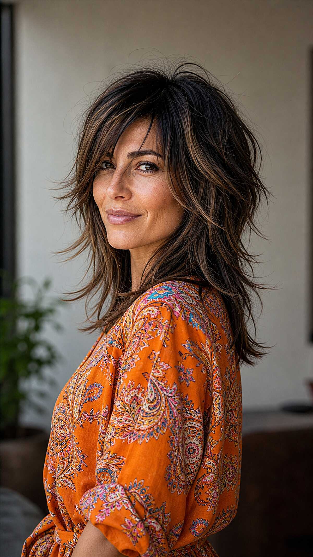 Tousled dark brunette wolfcut viewed from the side