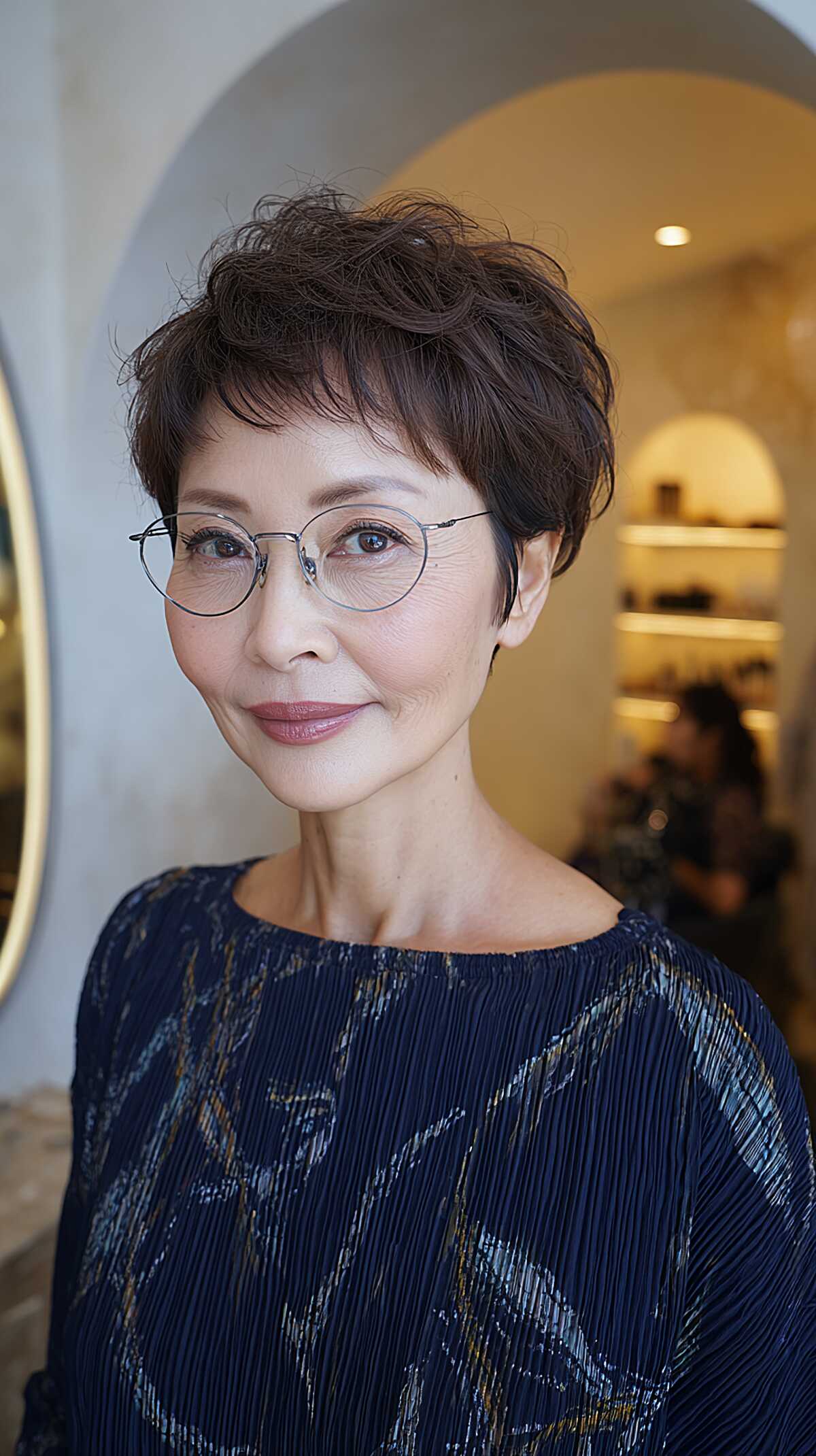 Tousled Dark Pixie with Wavy Texture and Glasses