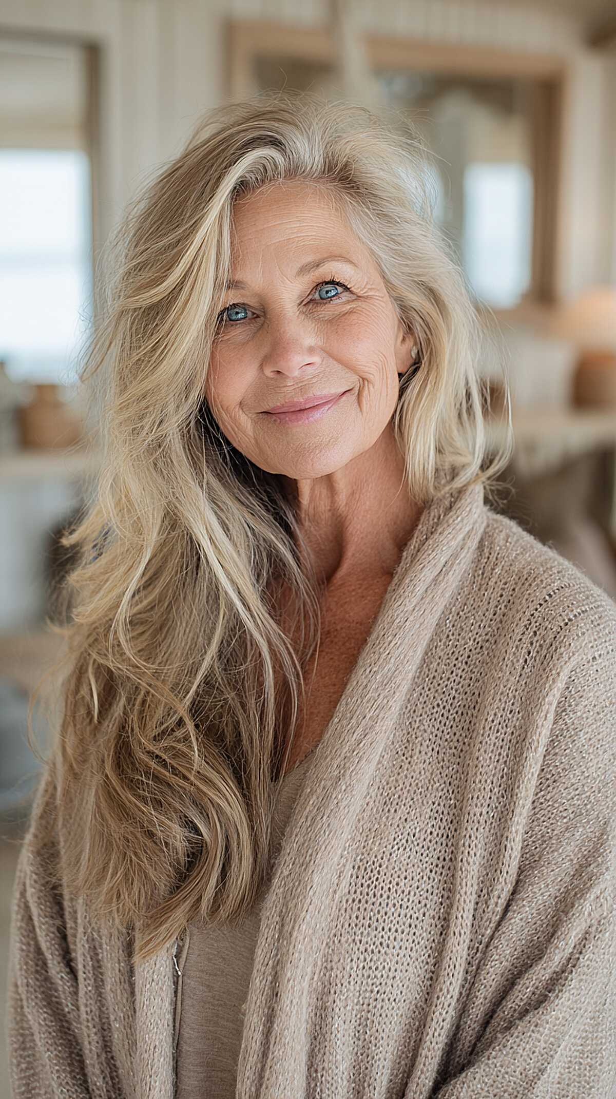Long tousled sandy blonde wavy hair with soft highlights