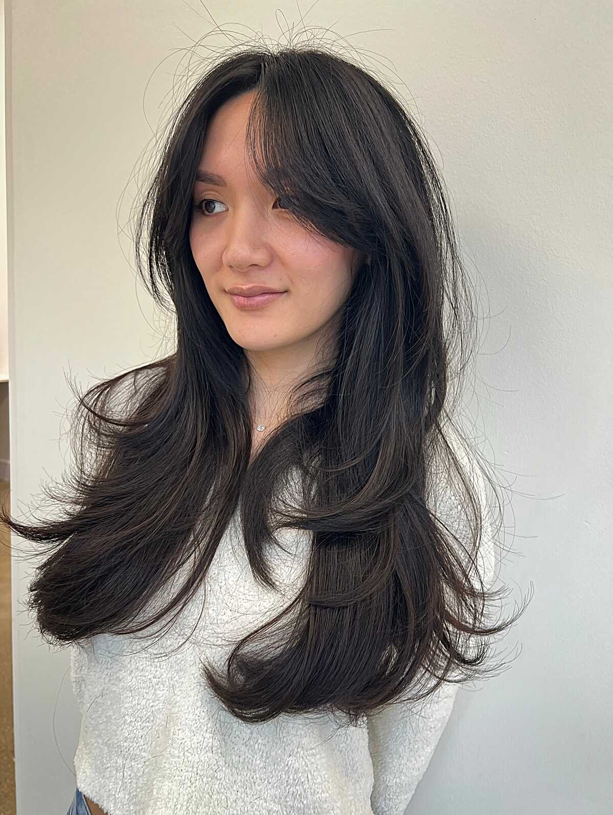 Long jet black layered hair with side-swept curtain bangs