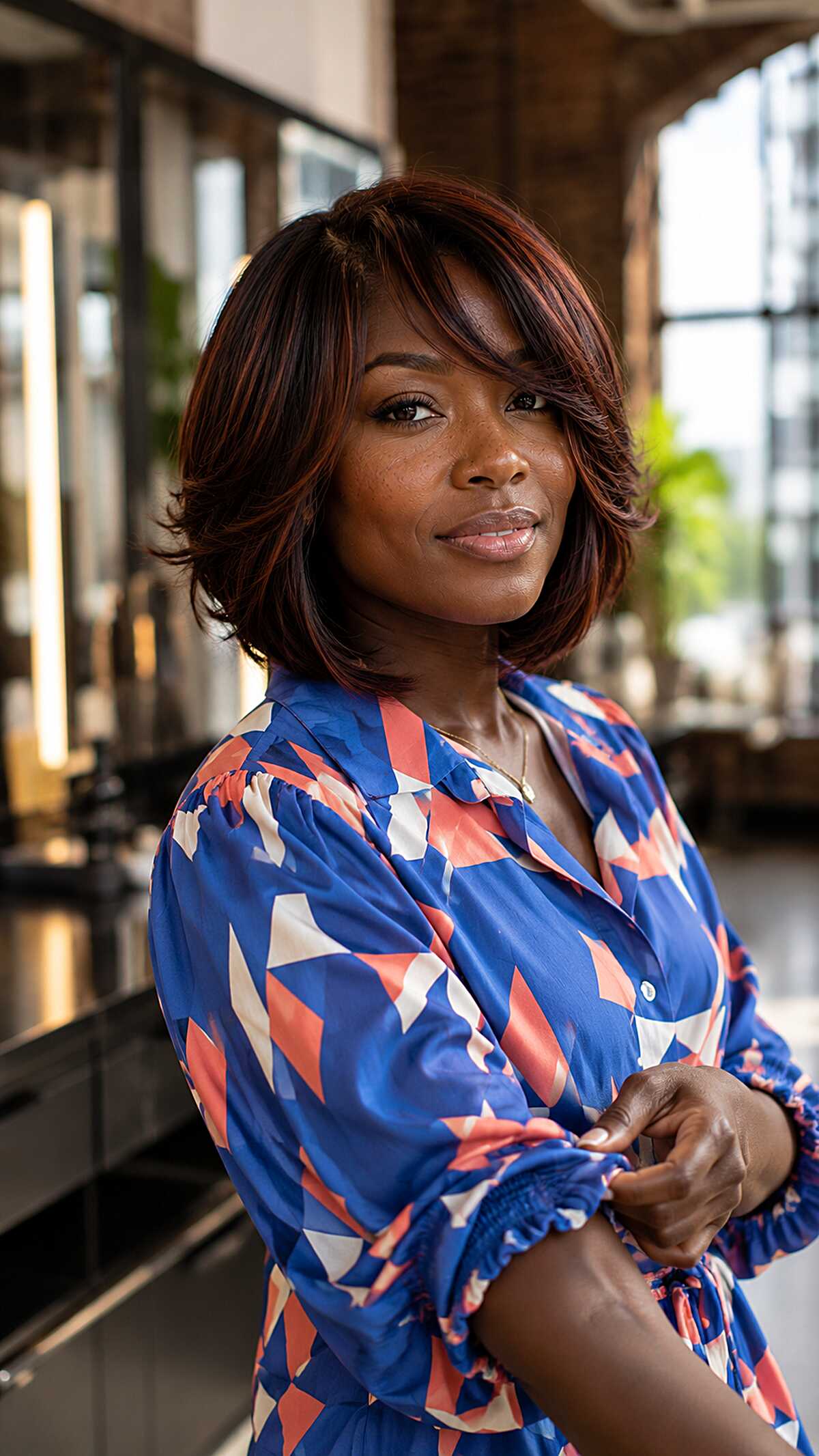 Auburn Layered Bob with Feathered Ends and Side Part