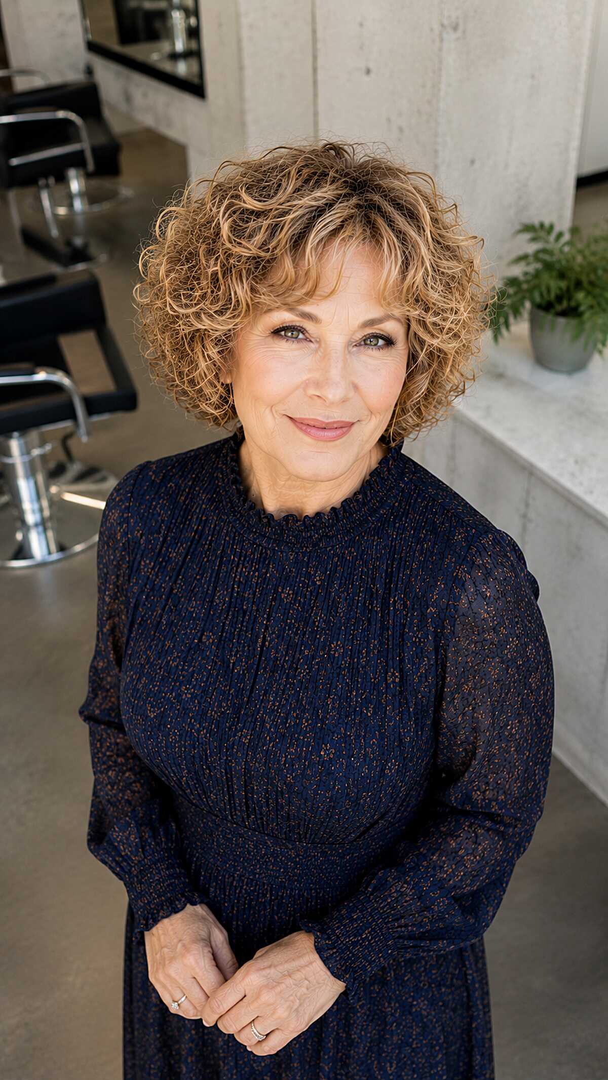 Warm blonde curly bob with dimensional color
