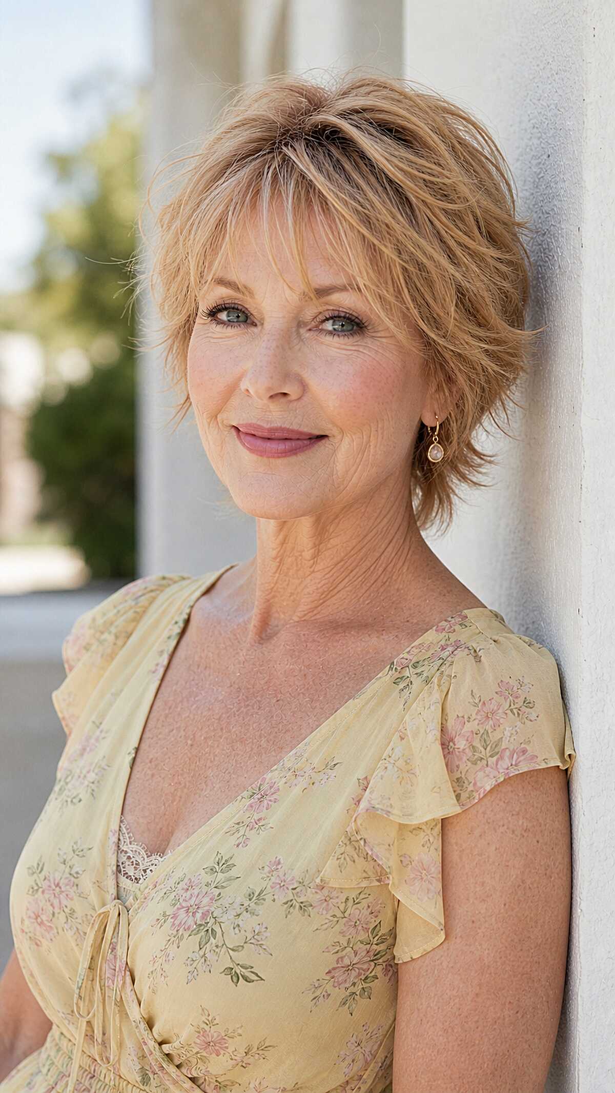 Warm blonde flipped pixie shag on mature woman