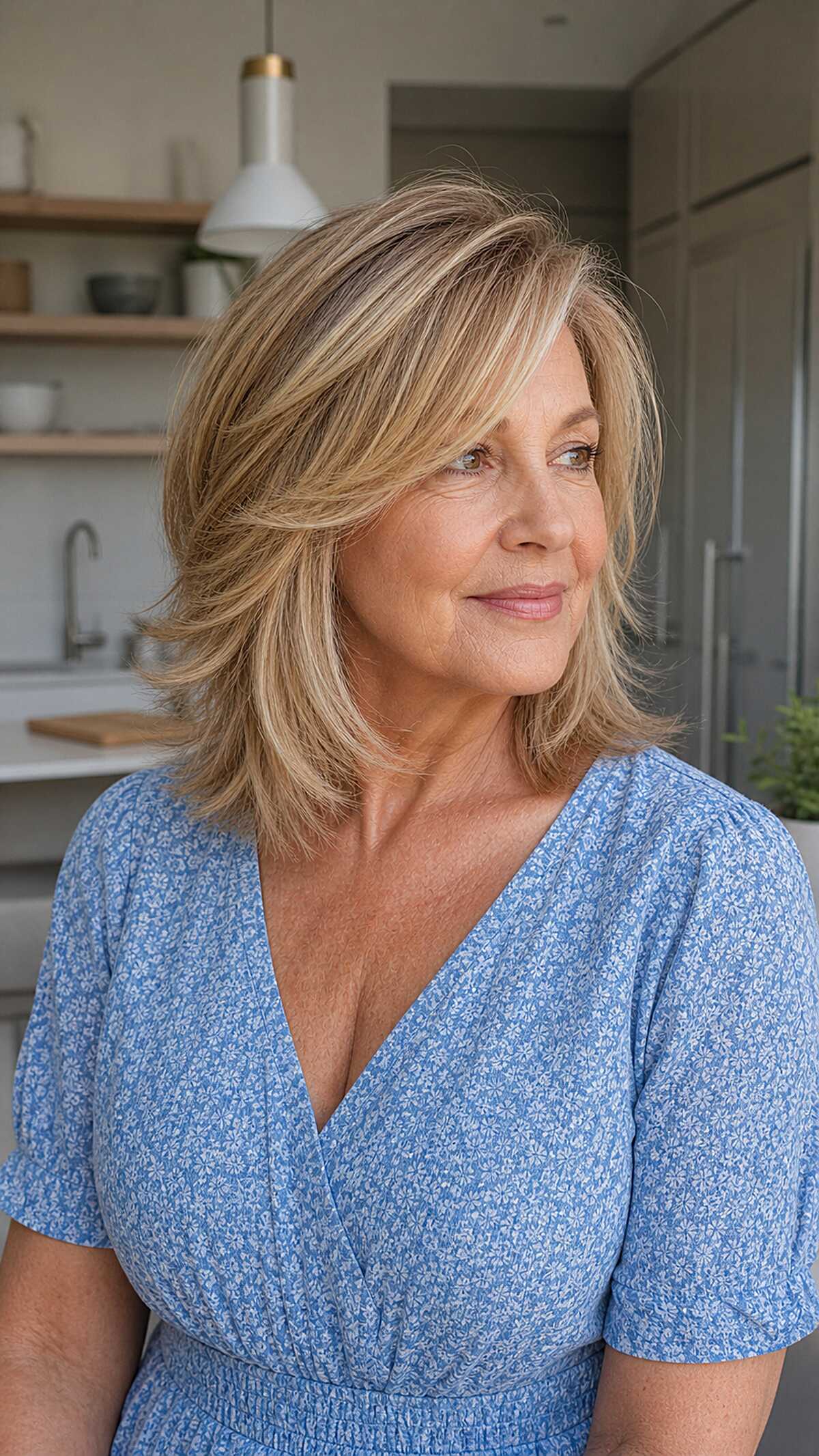 Warm Blonde Flippy Lob With Layers for Women Over 60