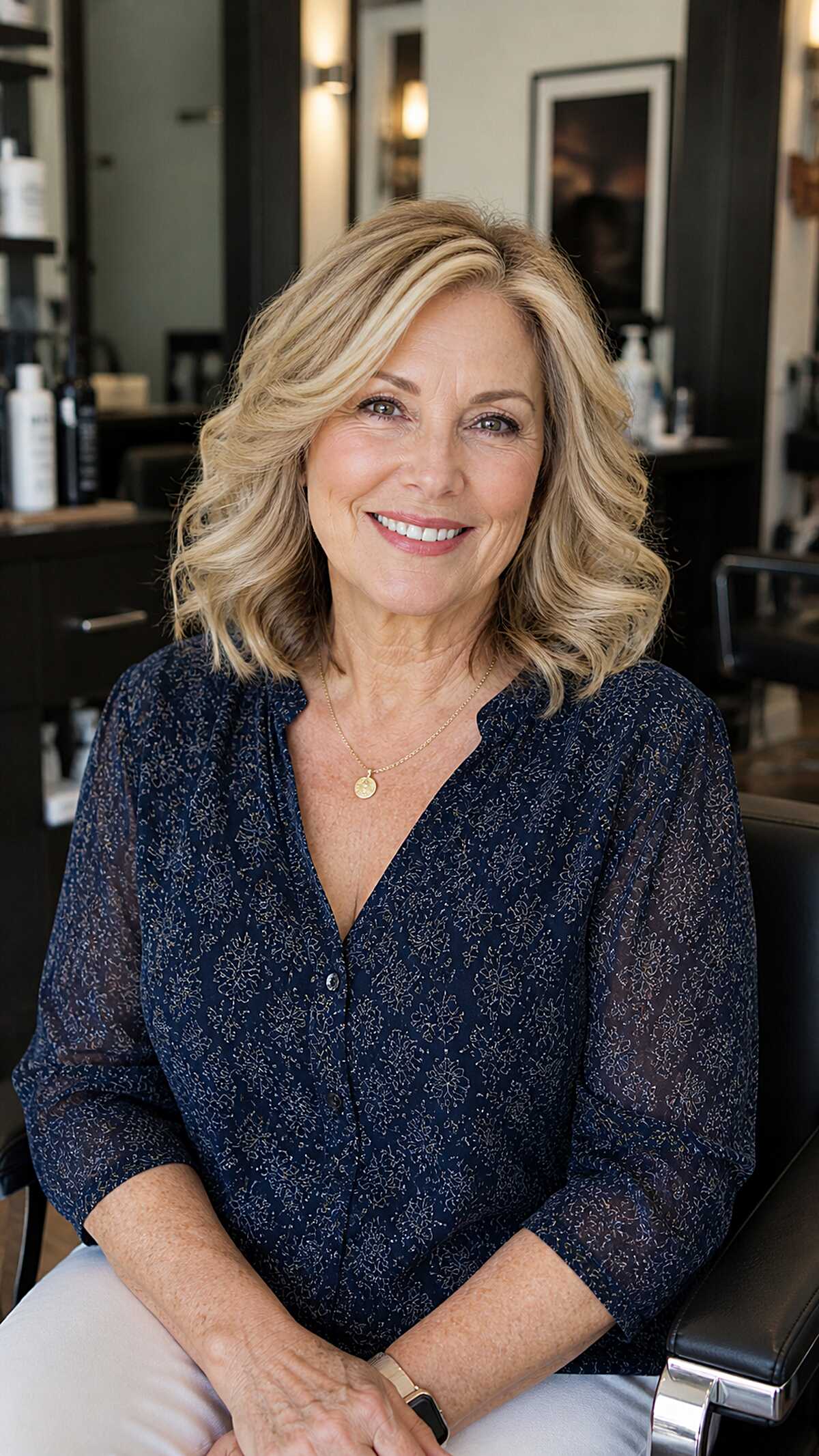 Warm blonde shoulder-length hair with soft body waves