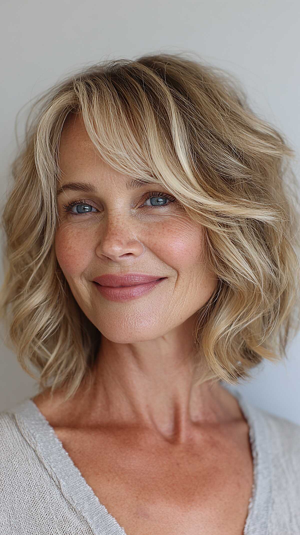 Warm blonde chin-length wavy bob with tousled layers