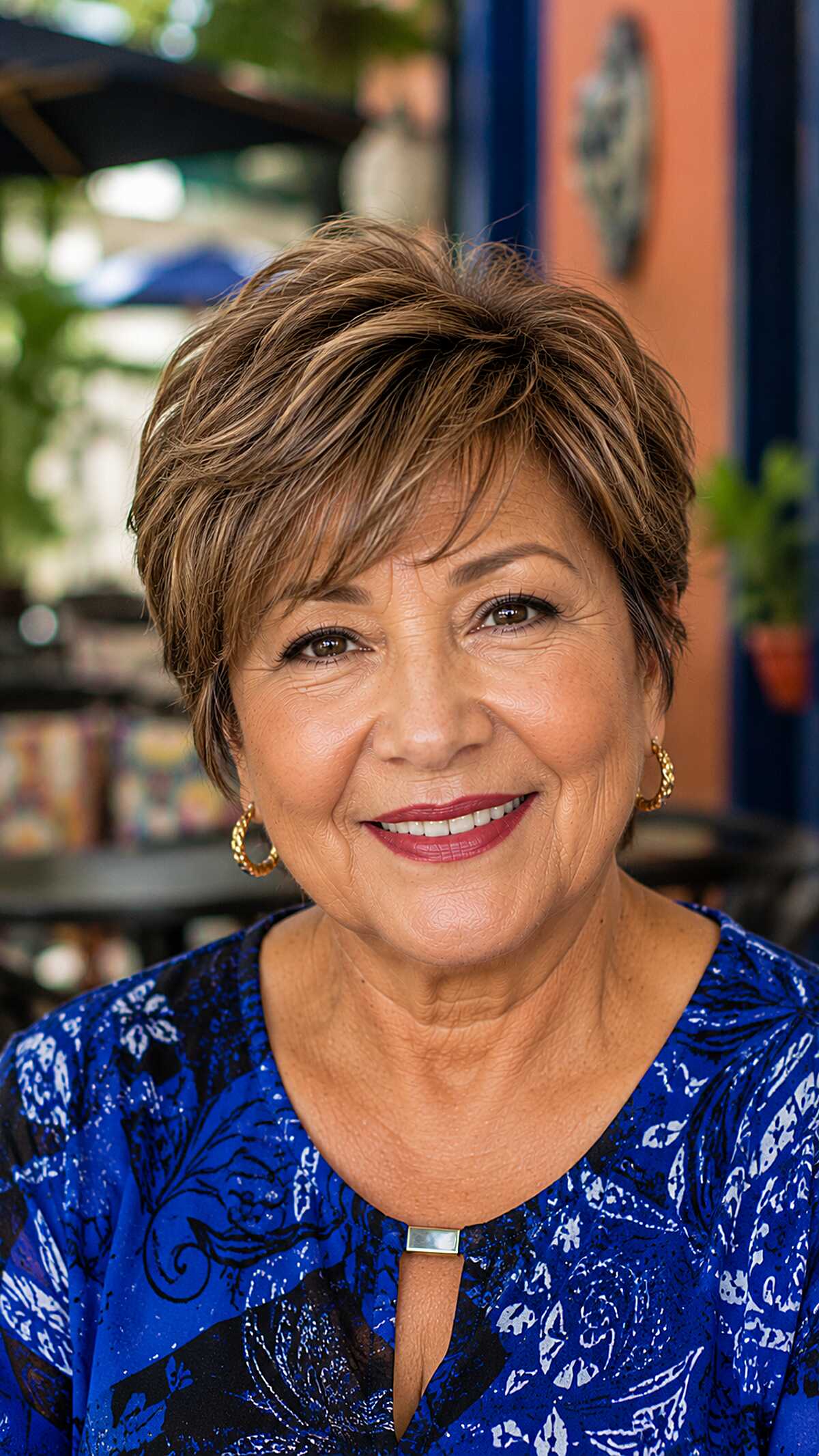Warm Brown Layered Pixie with Golden Highlights
