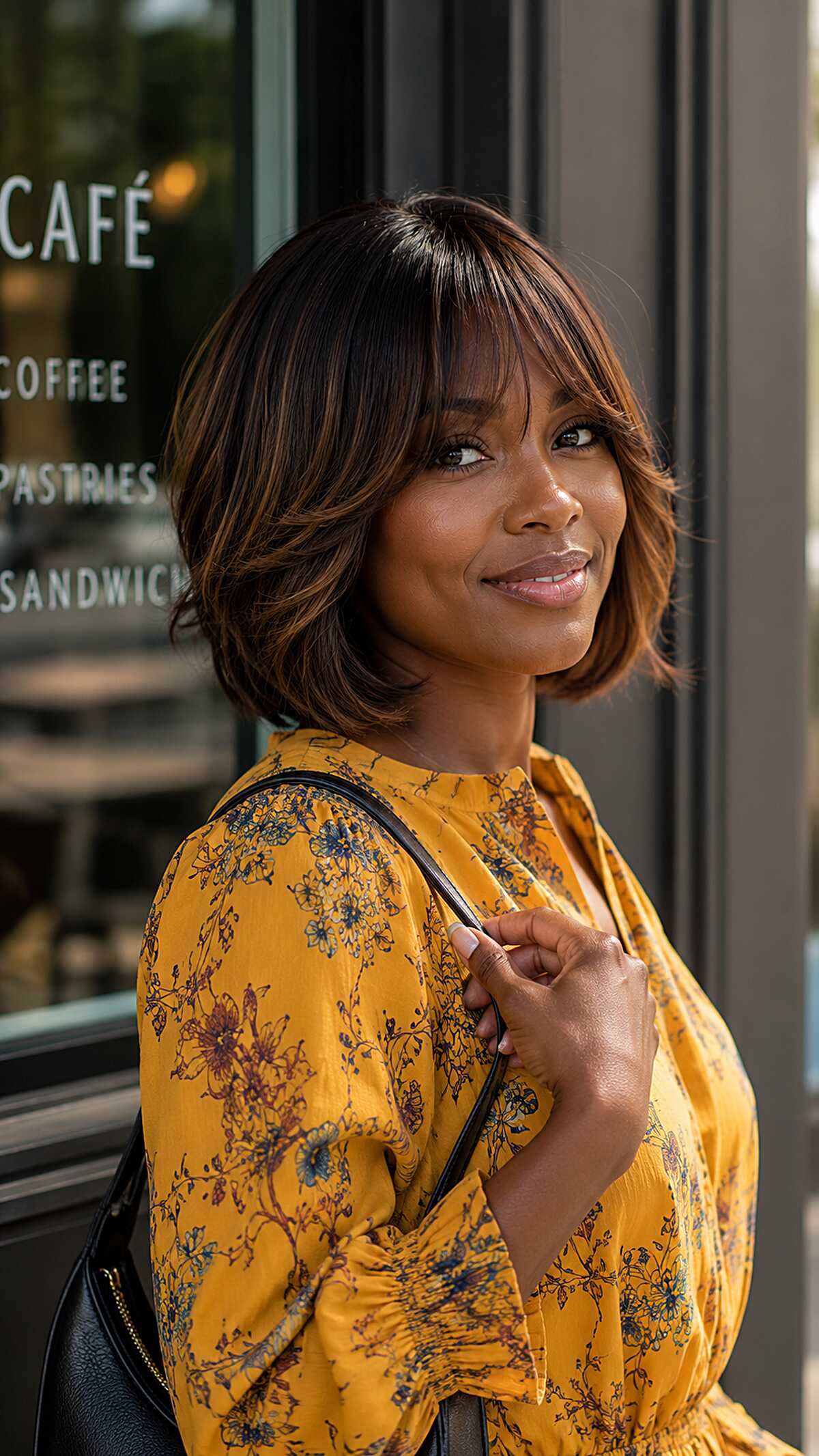 Brunette Bob with Warm Highlights and Curtain Bangs