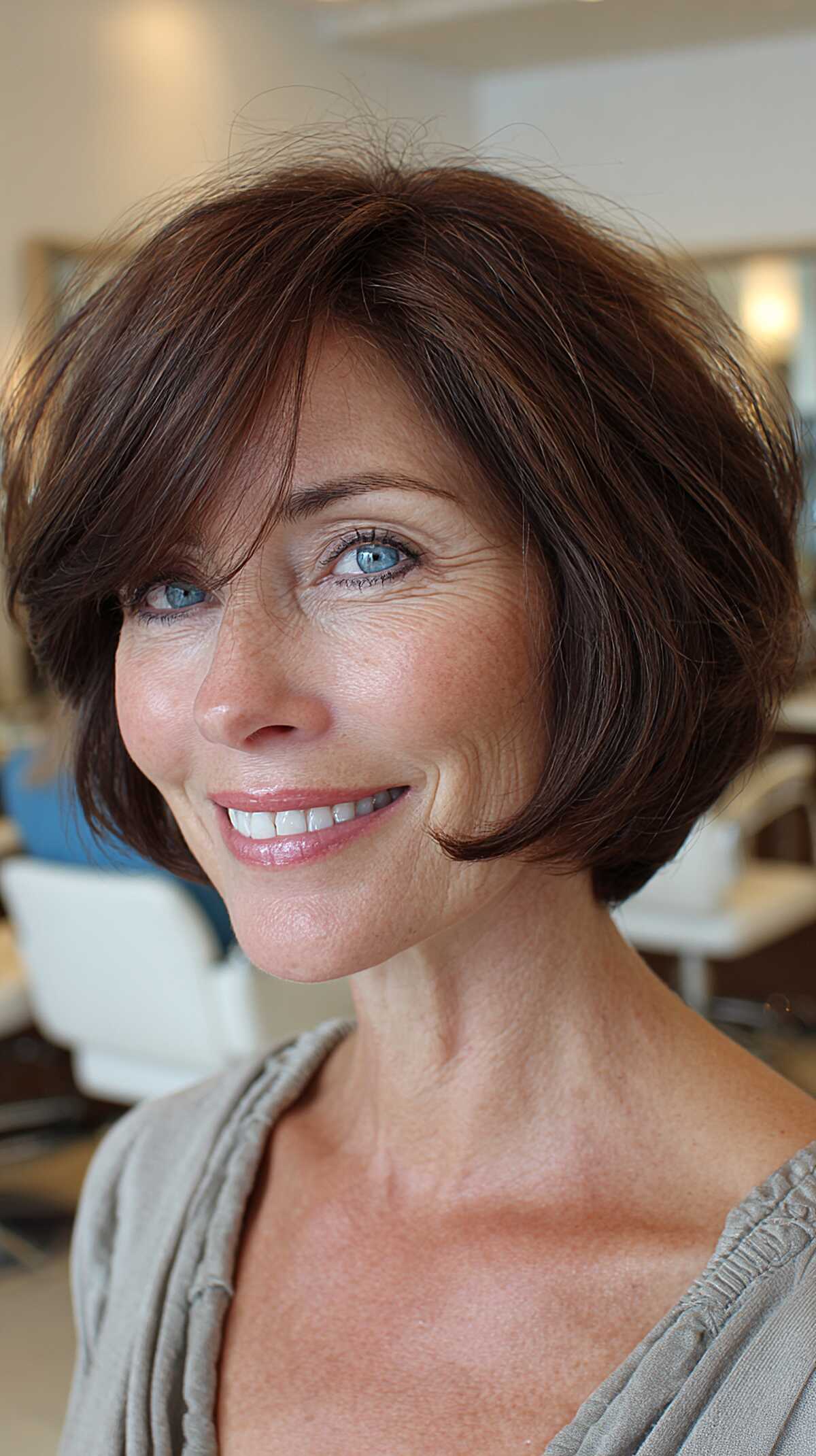 Warm brunette chin-length bob with side-swept fringe