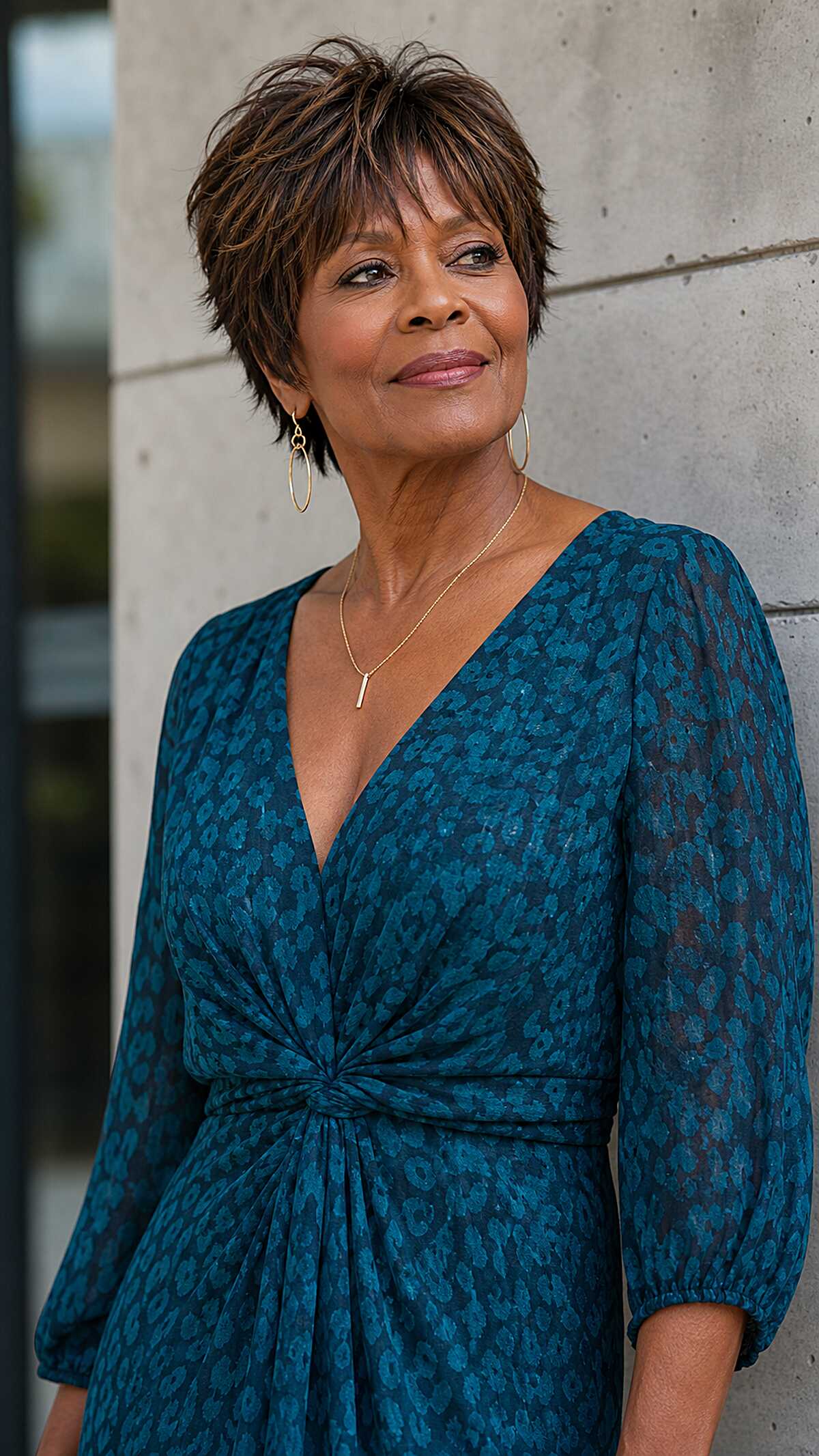 Warm brunette choppy pixie shag on woman over 60