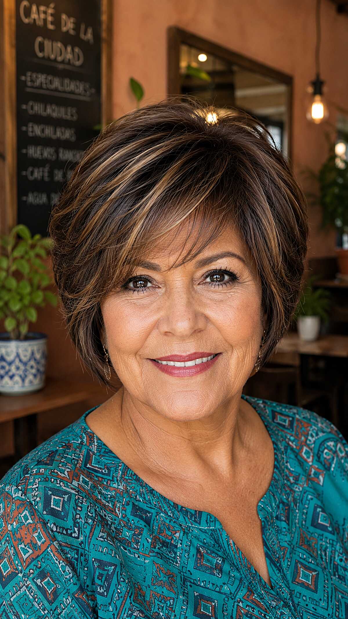Warm brunette layered pixie bob with caramel ribbons