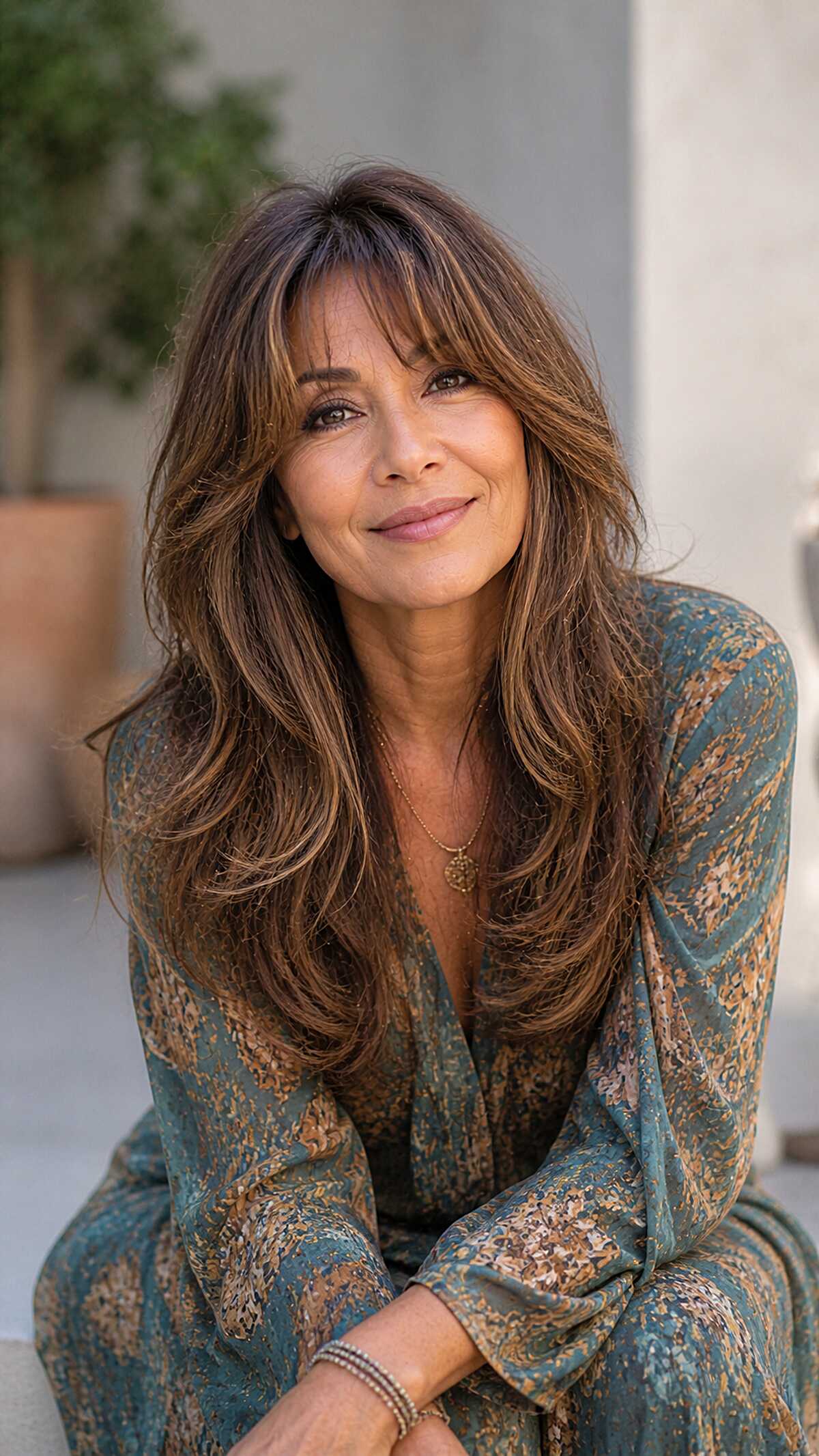 Tousled Brunette Long Shag with Curtain Bangs