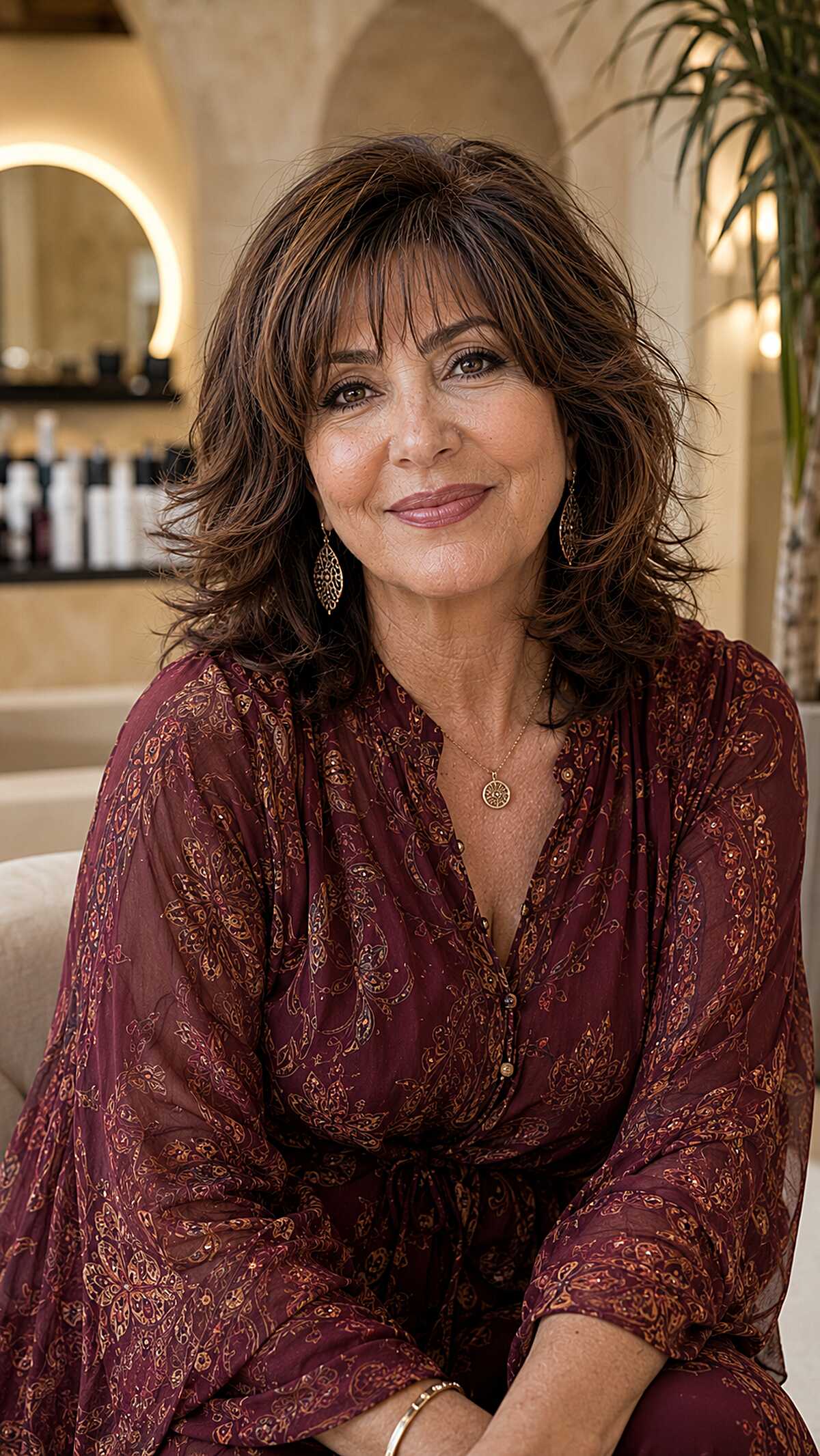 Warm brunette shag with soft layers and side-swept bangs