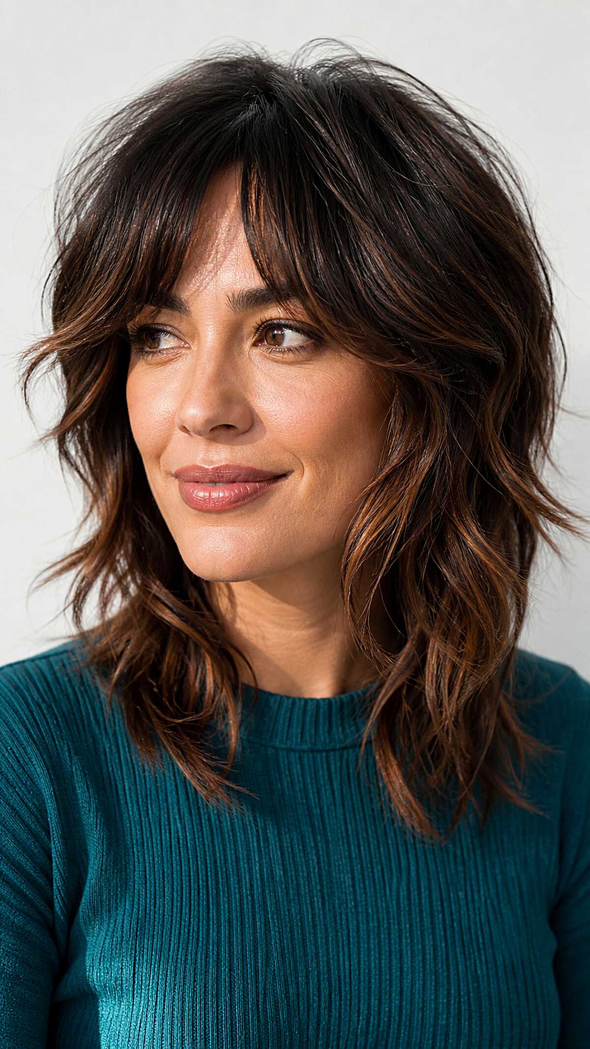 Warm brunette shag wolfcut with copper peekaboo highlights