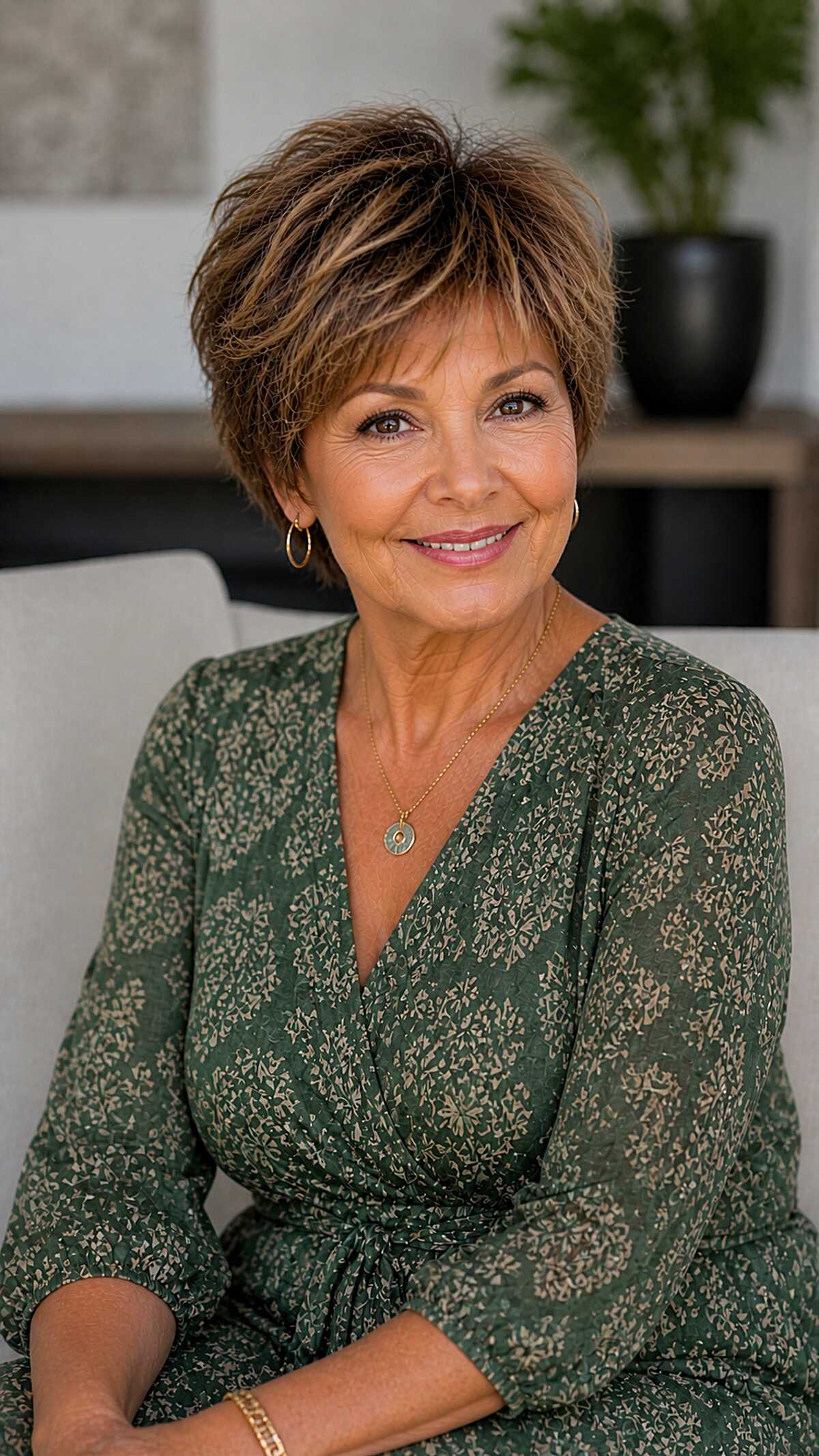 Warm brunette wispy pixie shag on woman over 60