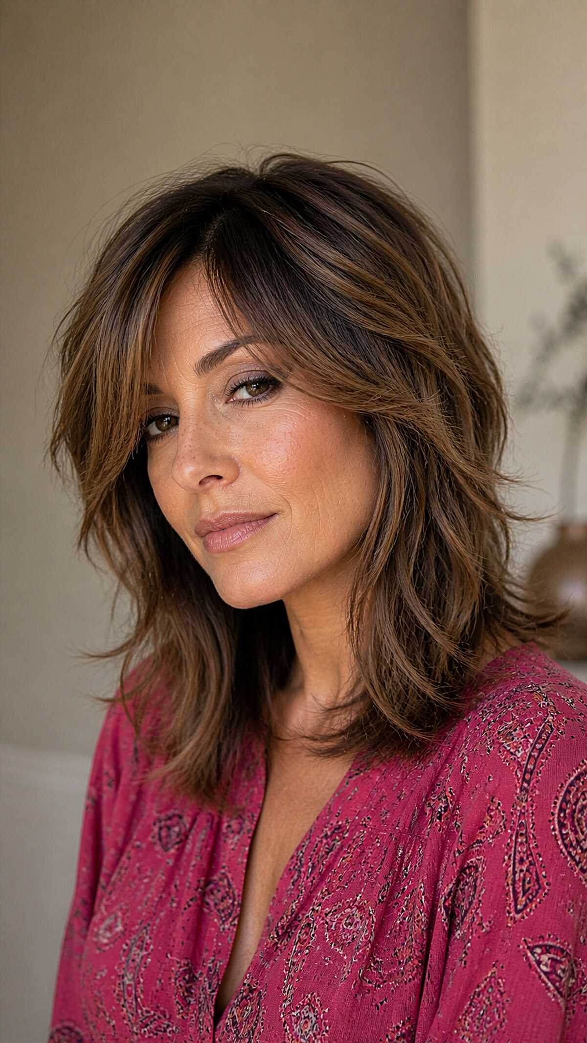 Warm brunette wolfcut with caramel face-framing layers
