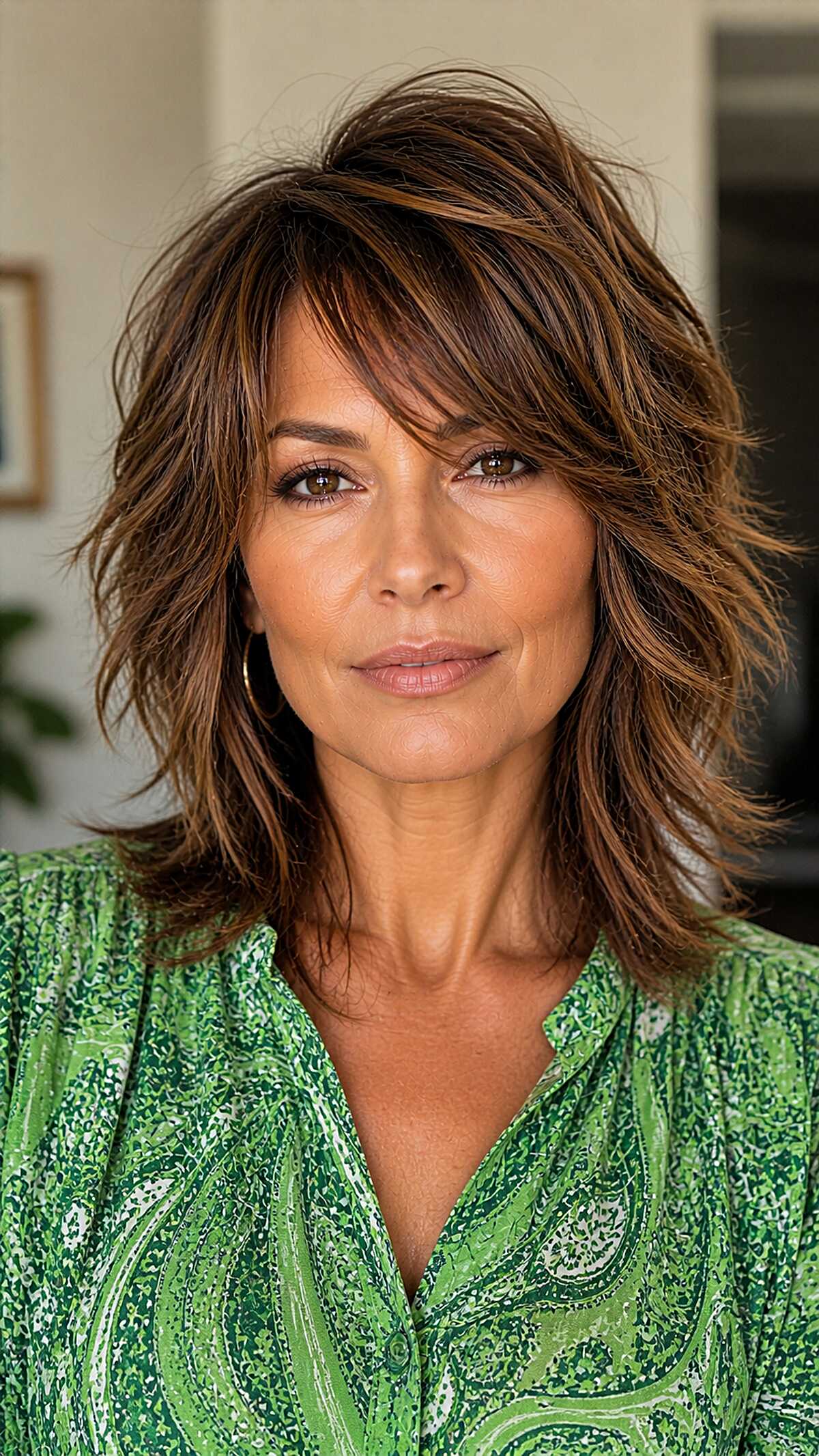 Warm caramel brunette wolfcut with flipped layers
