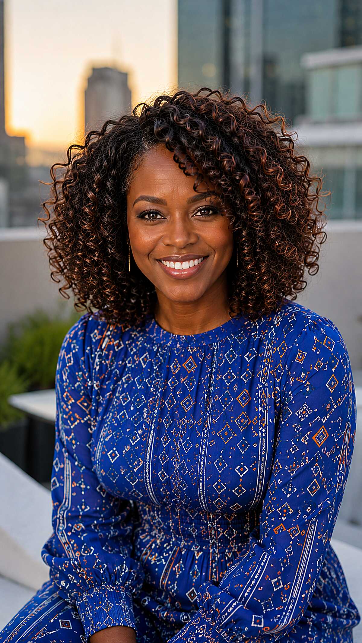 Chestnut curly lob hairstyle with a deep side part