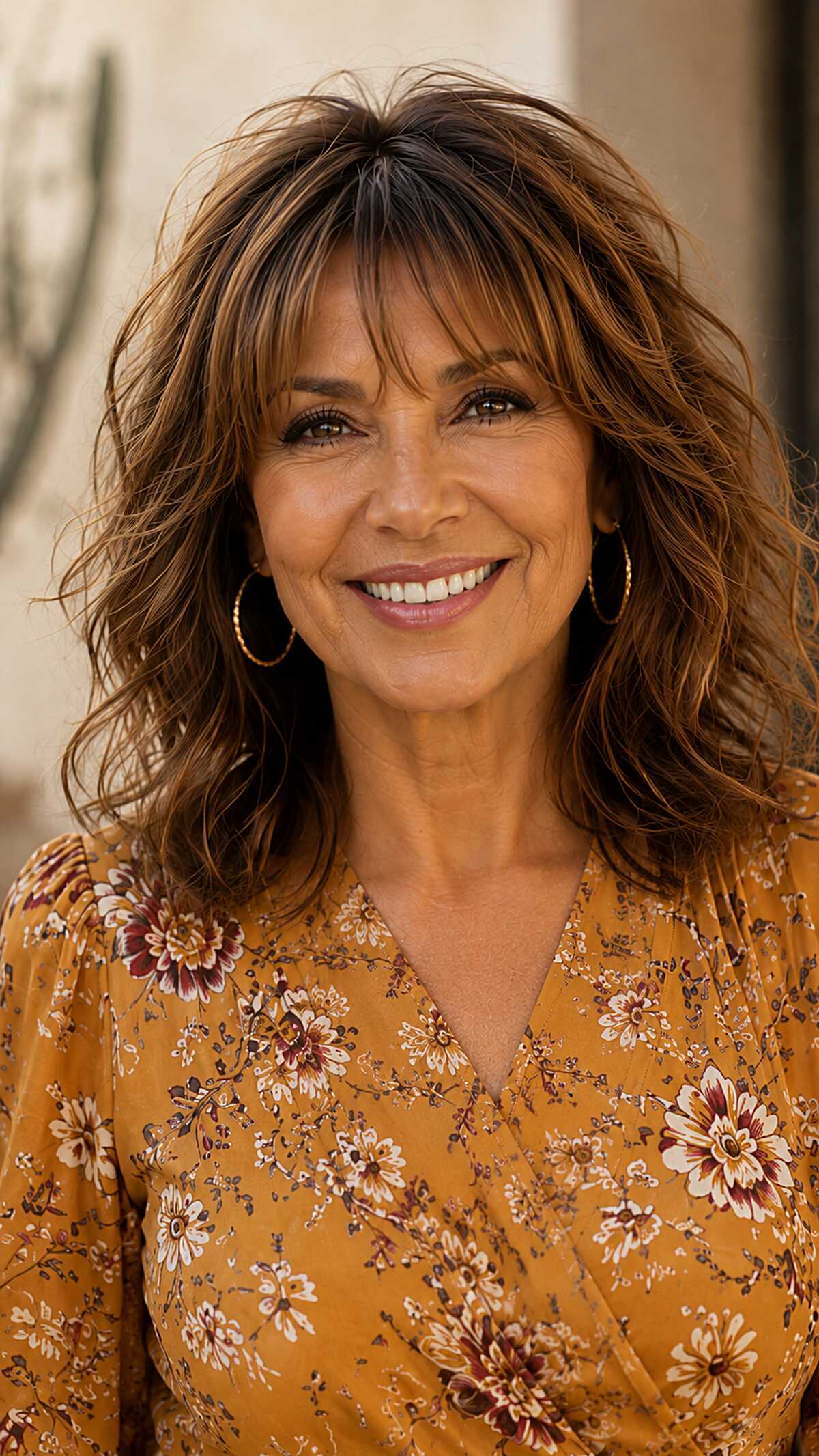 Warm chocolate layered shag with feathered bangs over 60
