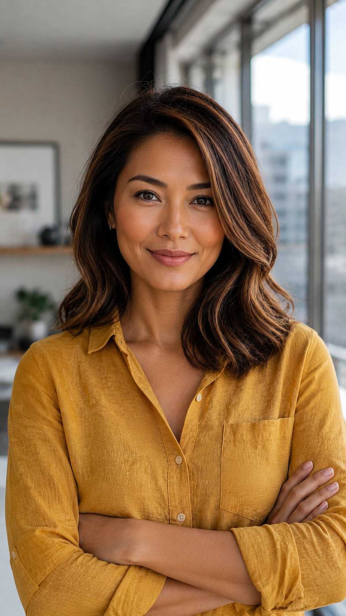 Warm chocolate medium hair with caramel face-framing pieces