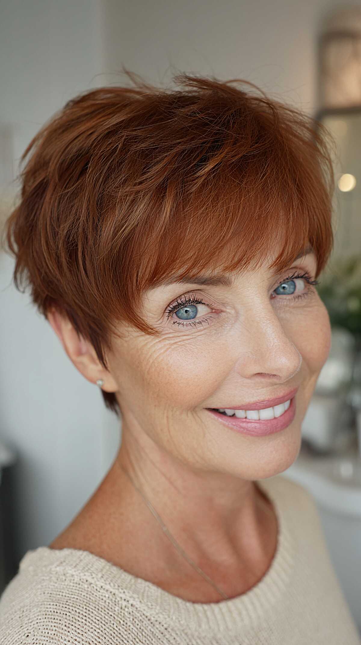 Warm ginger pixie with soft feathered bangs