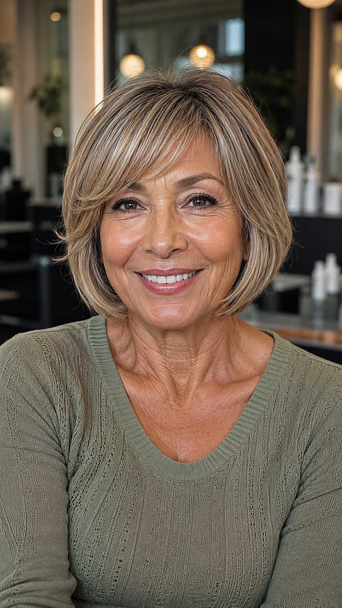 Warm Blonde Highlighted Bob with Soft Wispy Bangs