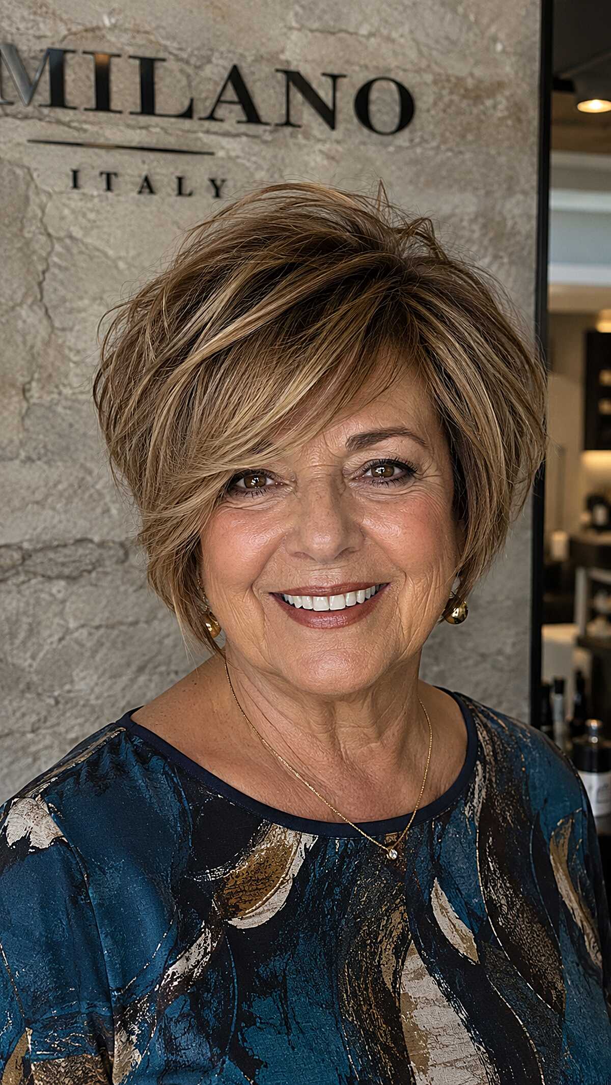 Warm brunette choppy pixie bob with caramel highlights