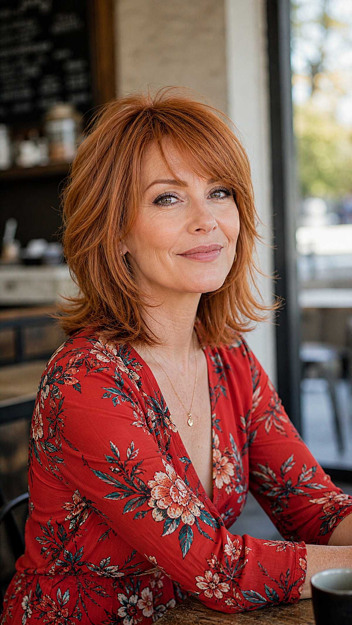 Warm Strawberry Red Shag Bob with Curtain Bangs