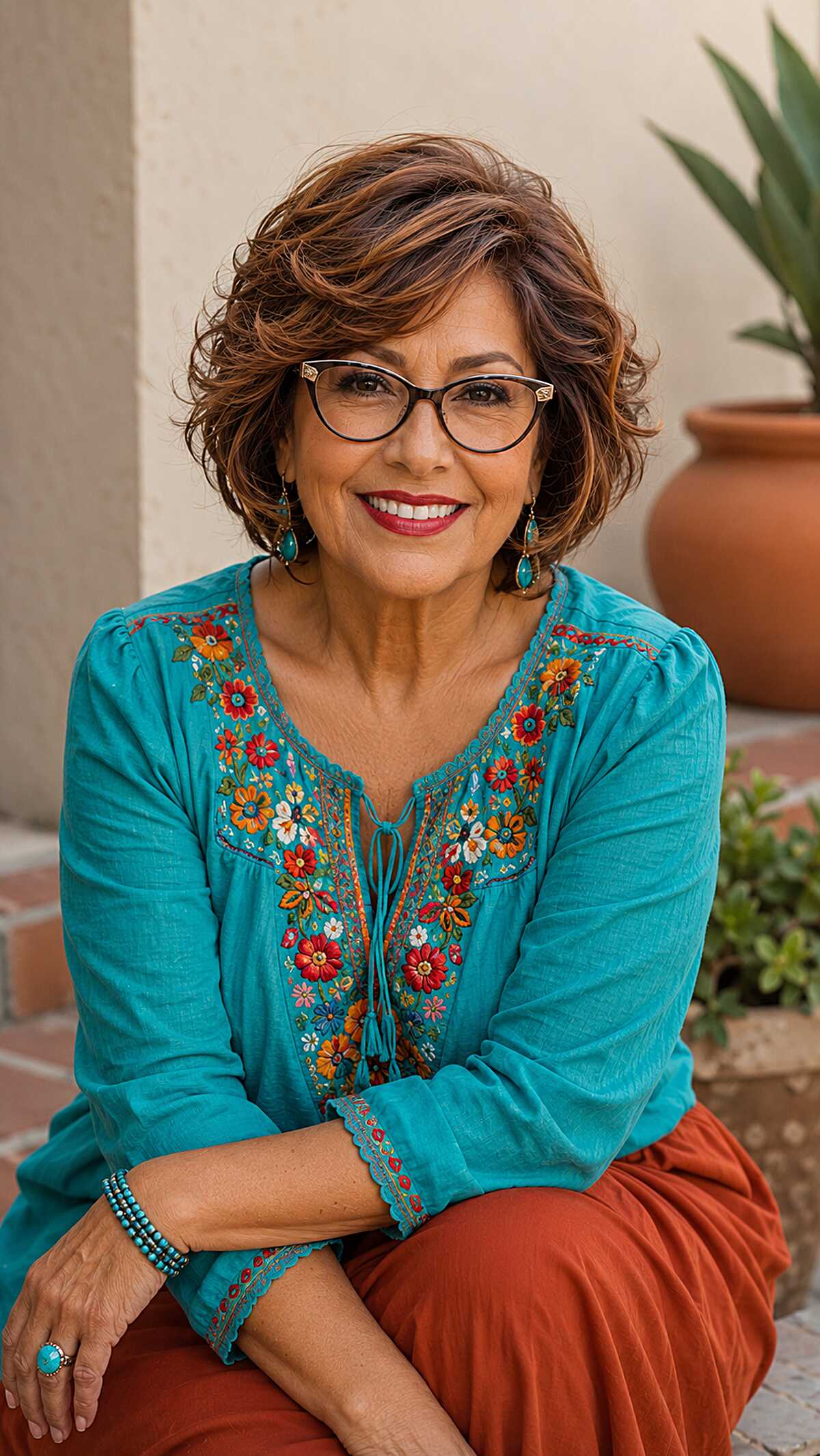 Wavy Brown Bob with Caramel Highlights and Glasses