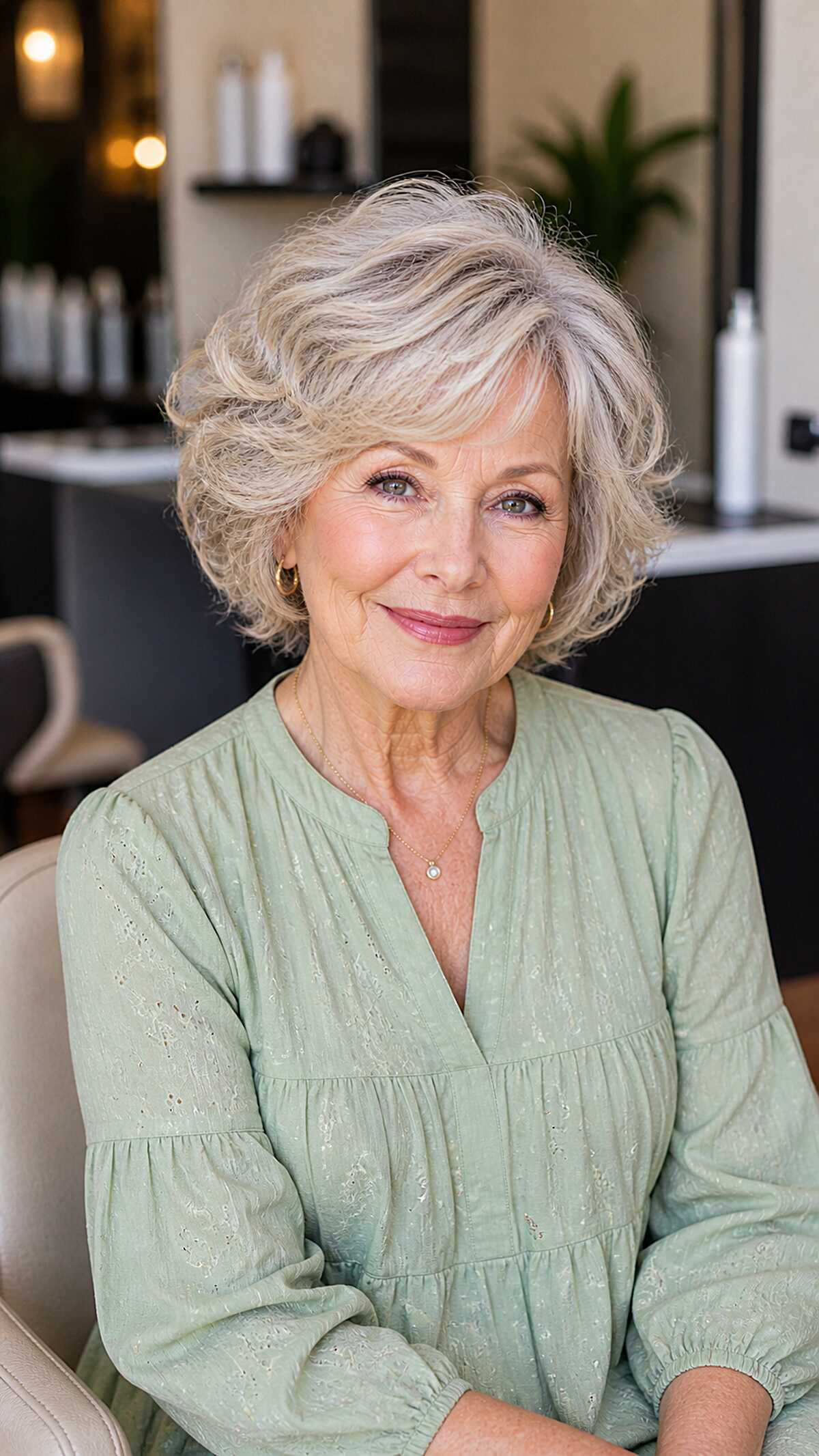 Wavy silver blonde bob with tousled volume and lift