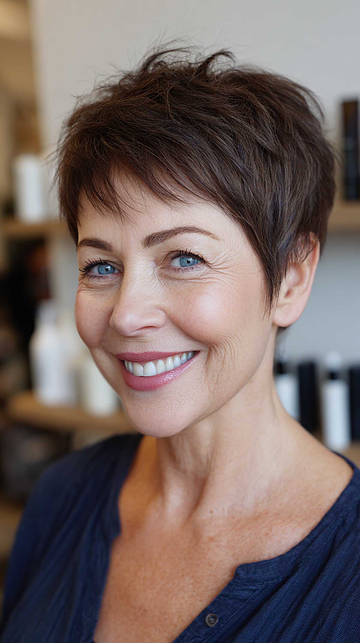 Short wispy brunette pixie with piecey textured fringe